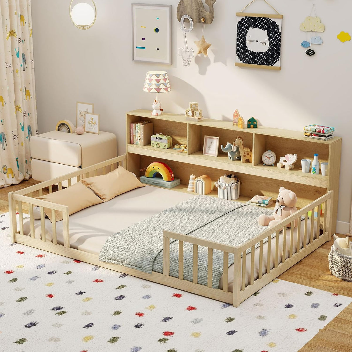 GIANTEX Full Size Floor Bed for Kids, Wooden Montessori Bed Frame with Bookcase, Storage Shelves & Safety Fence Rails, Floor Beds Full for Girls, Boys, No Box Spring Needed, Without Slats, Natural