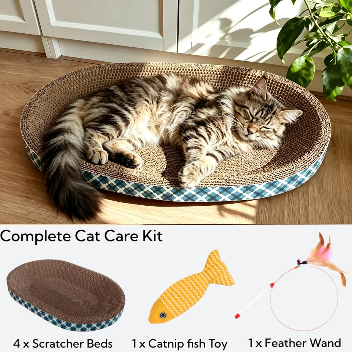 Cat Scratcher Bed with Toys, 4 Pack Oval Cat Scratcher Cardboard, Indoor Cat Scratch Bowl, Large Pad Cat Scratching Board with Catnip Fish Toy & Feather Wand for Furniture Protector
