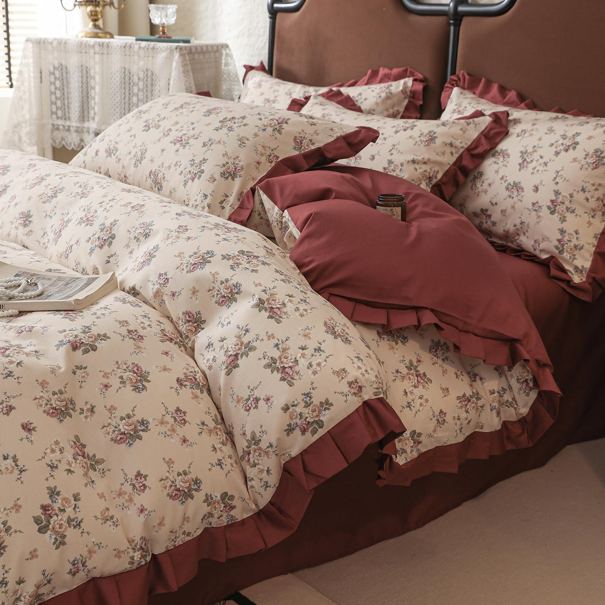 Floral Duvet Cover Set Muslin Cotton Queen(90"x90"),Pink Flower