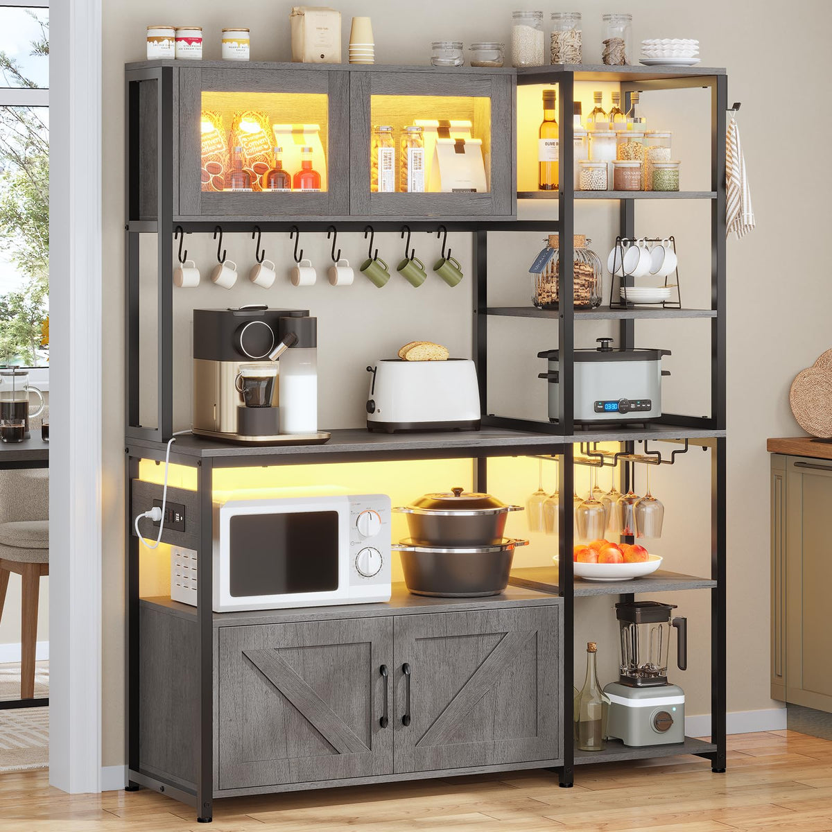 Itaar Bakers Rack with Power Outlet and LED Light, 45.3 Inch Farmhouse Coffee Bar Cabinet, Kitchen Microwave Stand with Storage, Glass Cabinet, Goblet Holder and 8 Hooks (Rustic Brown)