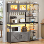 Itaar Bakers Rack with Power Outlet and LED Light, 45.3 Inch Farmhouse Coffee Bar Cabinet, Kitchen Microwave Stand with Storage, Glass Cabinet, Goblet Holder and 8 Hooks, Black