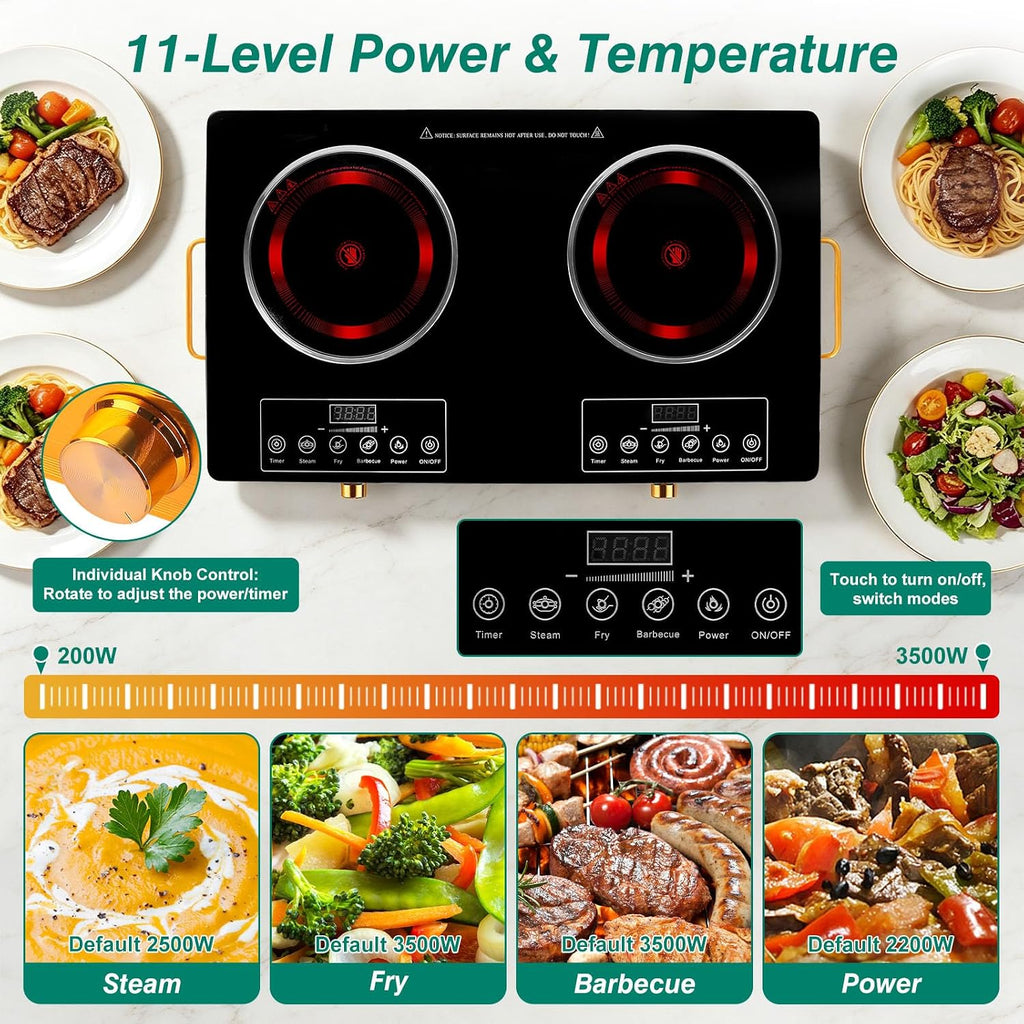 Electric Countertop Double Burner, 7000W Ceramic Cooktop with Crystal Glass Hot Plate & Stay Cool Handles, 12 Level Temperature Control, LED Display, Touch Control, Cooking Stove for Home Camping RV