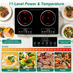 Electric Countertop Double Burner, 7000W Ceramic Cooktop with Crystal Glass Hot Plate & Stay Cool Handles, 12 Level Temperature Control, LED Display, Touch Control, Cooking Stove for Home Camping RV