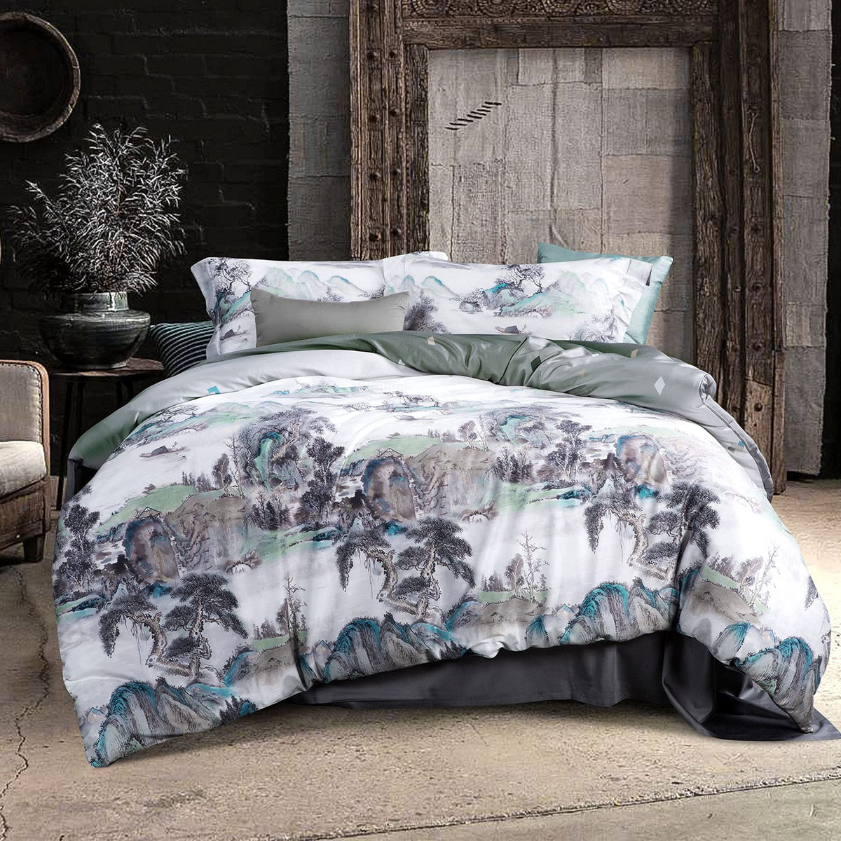 MILDLY White Floral Green Leaves Luxury Duvet Cover Set 3pcs King