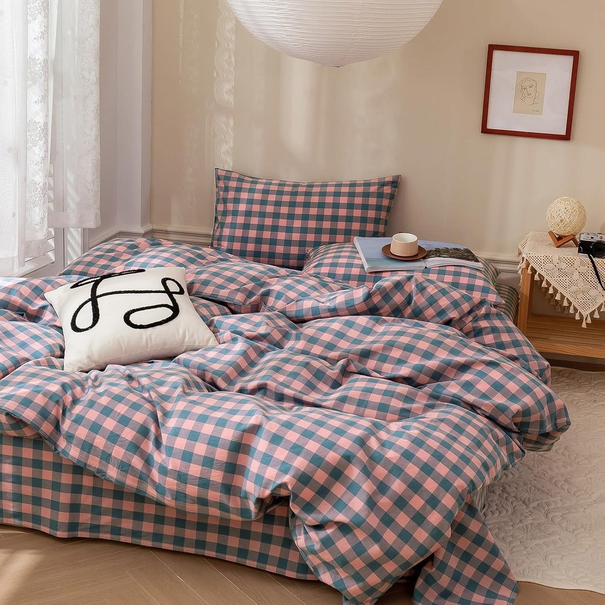 mixinni Vintage Buffalo Plaid Duvet Cover Set Queen Size - 3 Piece Washed Cotton Bedding Set with Grid Pattern, Soft & Breathable Duvet Cover with Pillowcases for All Seasons,(Brown & Blue,Beige)