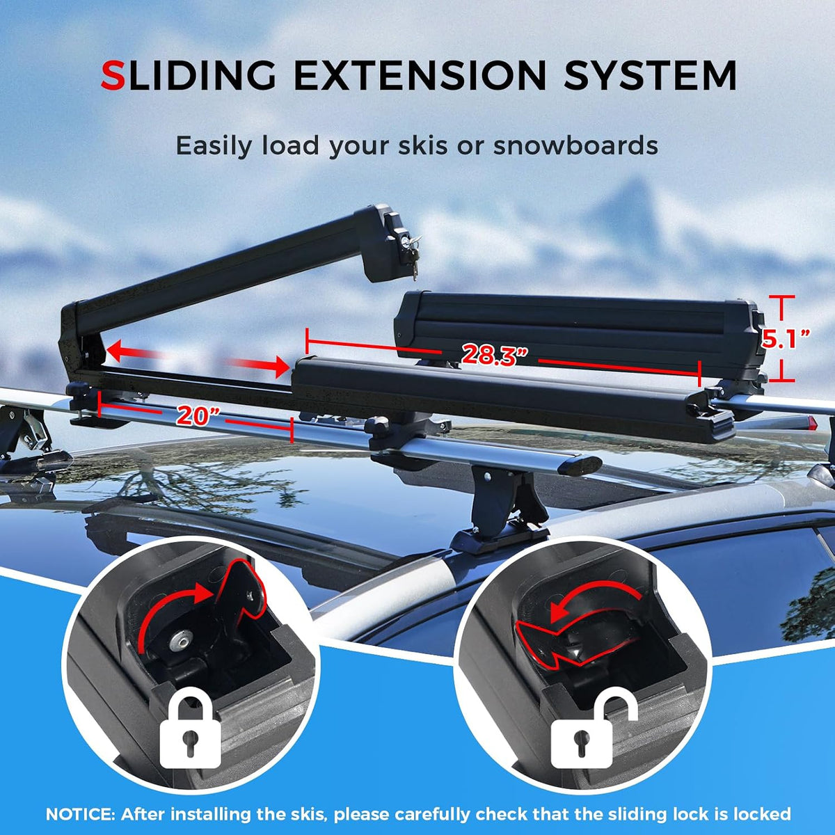 Ski and Snowboard Roof Racks, 28" Universal Ski Roof Rack Carrier