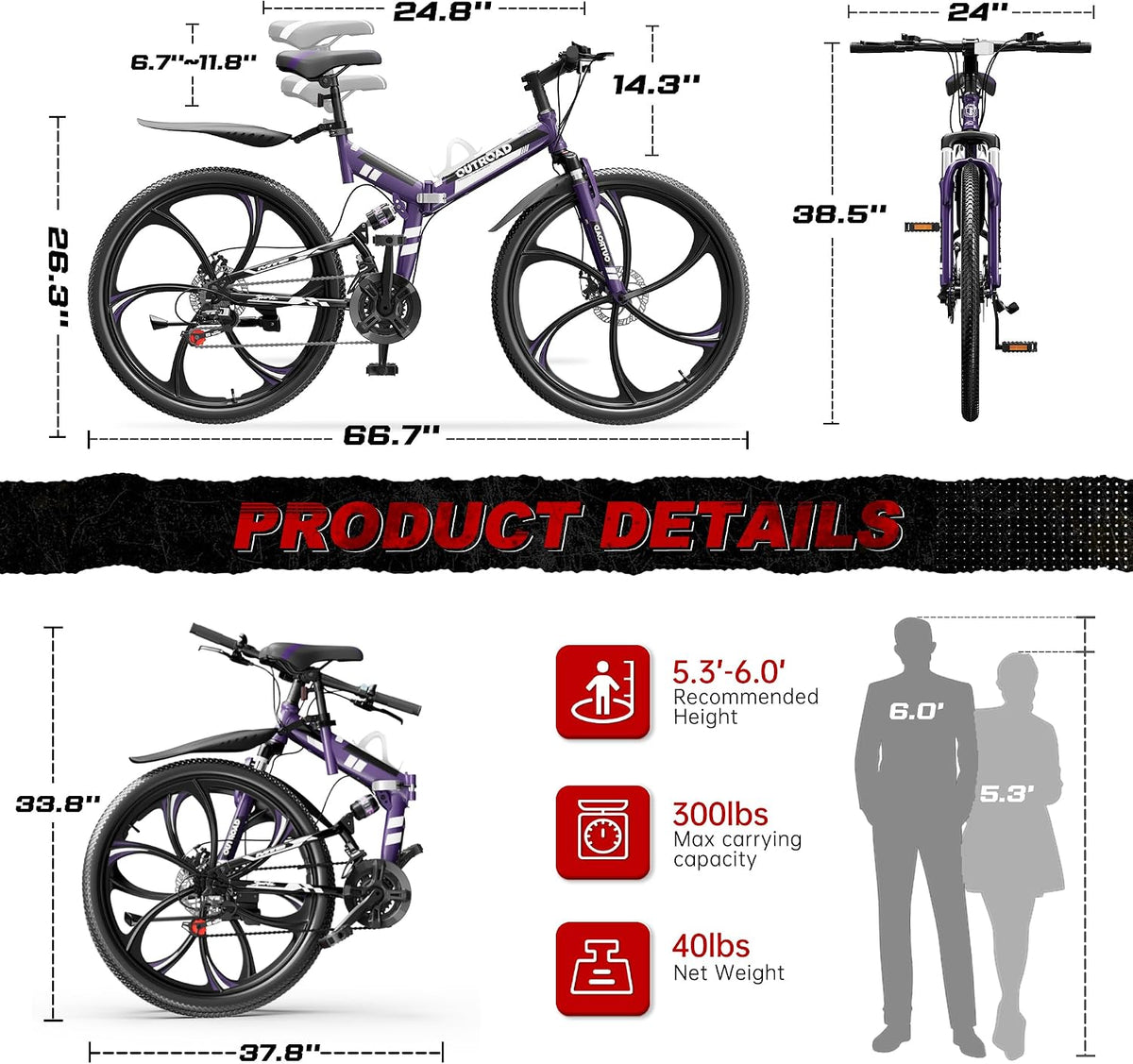 Bonusall 26 Inch Folding Mountain Bike, 21-Speed Full Suspension Foldable Bicycle for Adults, High-Carbon Steel Portable MTB with Dual Disc Brakes, Non-Slip Commuter Bike for Men & Women