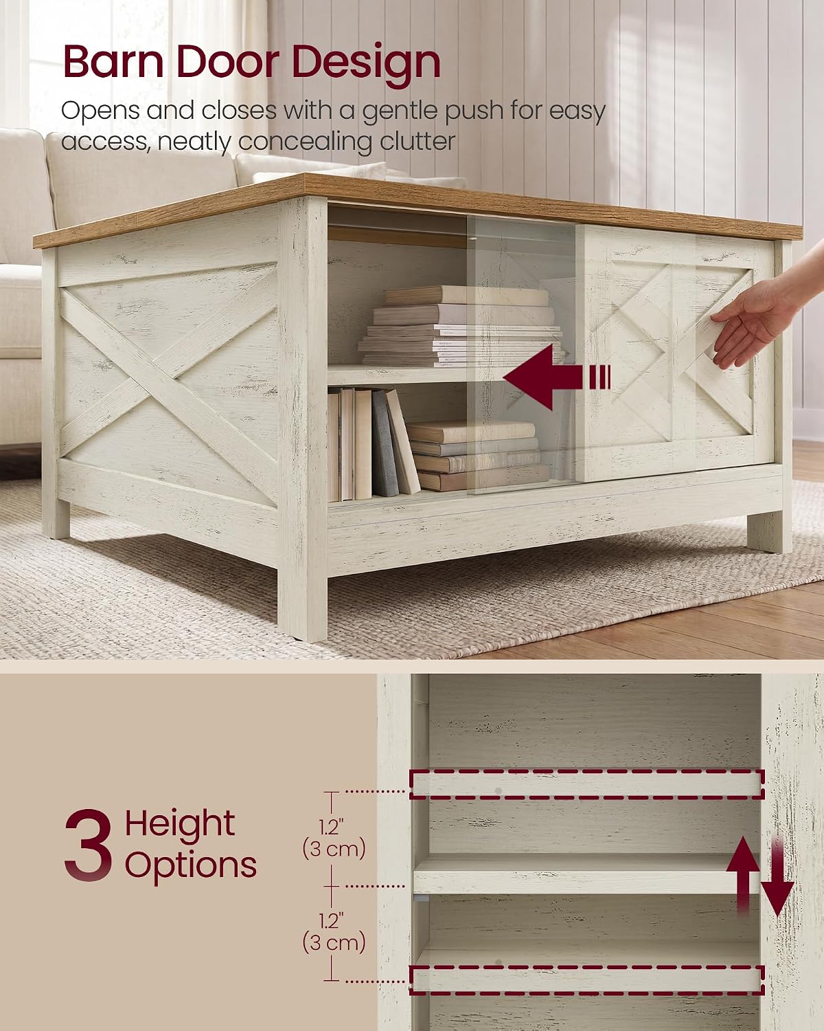 VASAGLE Farmhouse Coffee Table with Storage, Lift Top, Hidden Compartment