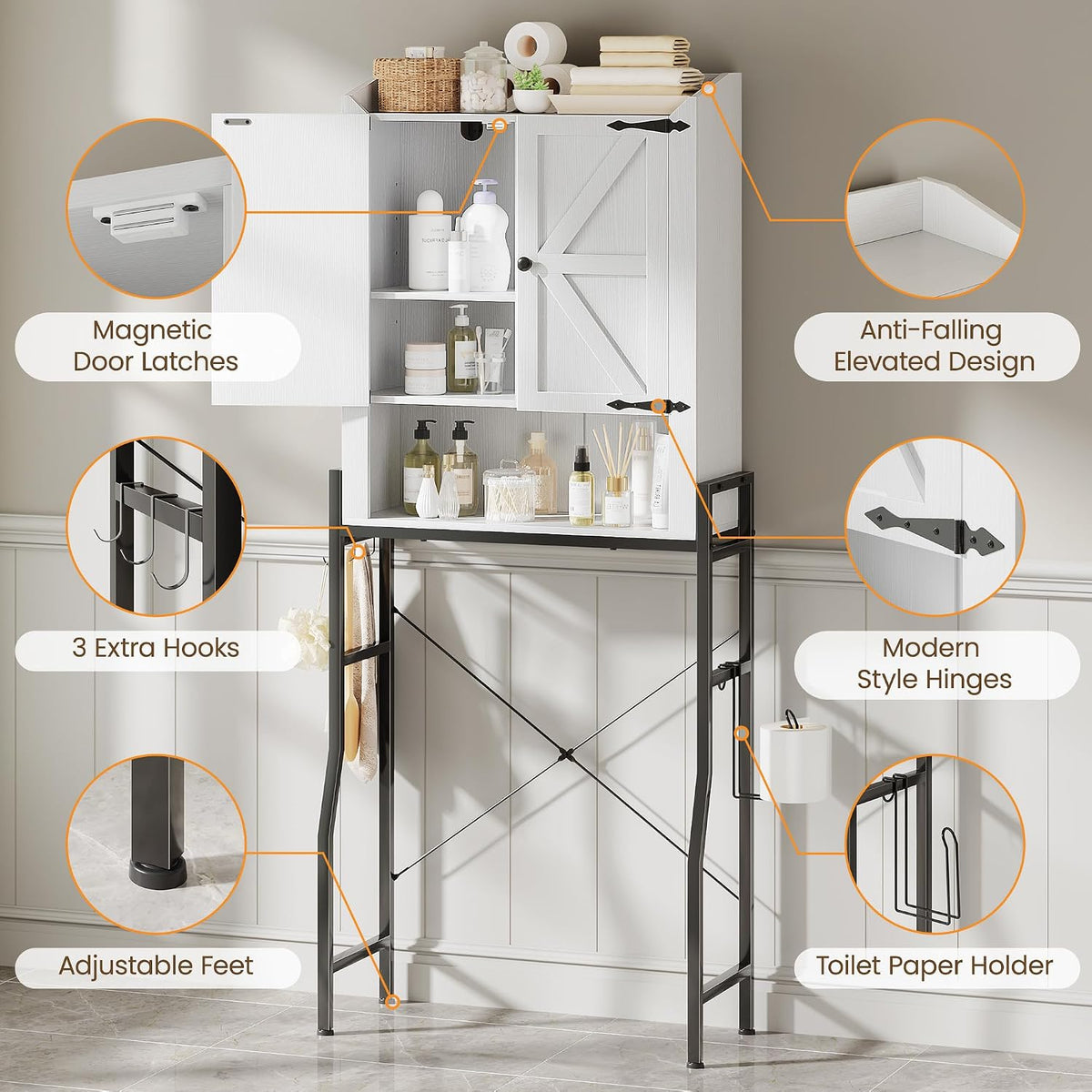 Memobarco Over The Toilet Storage Cabinet with 2-Door & Metal Stand, White