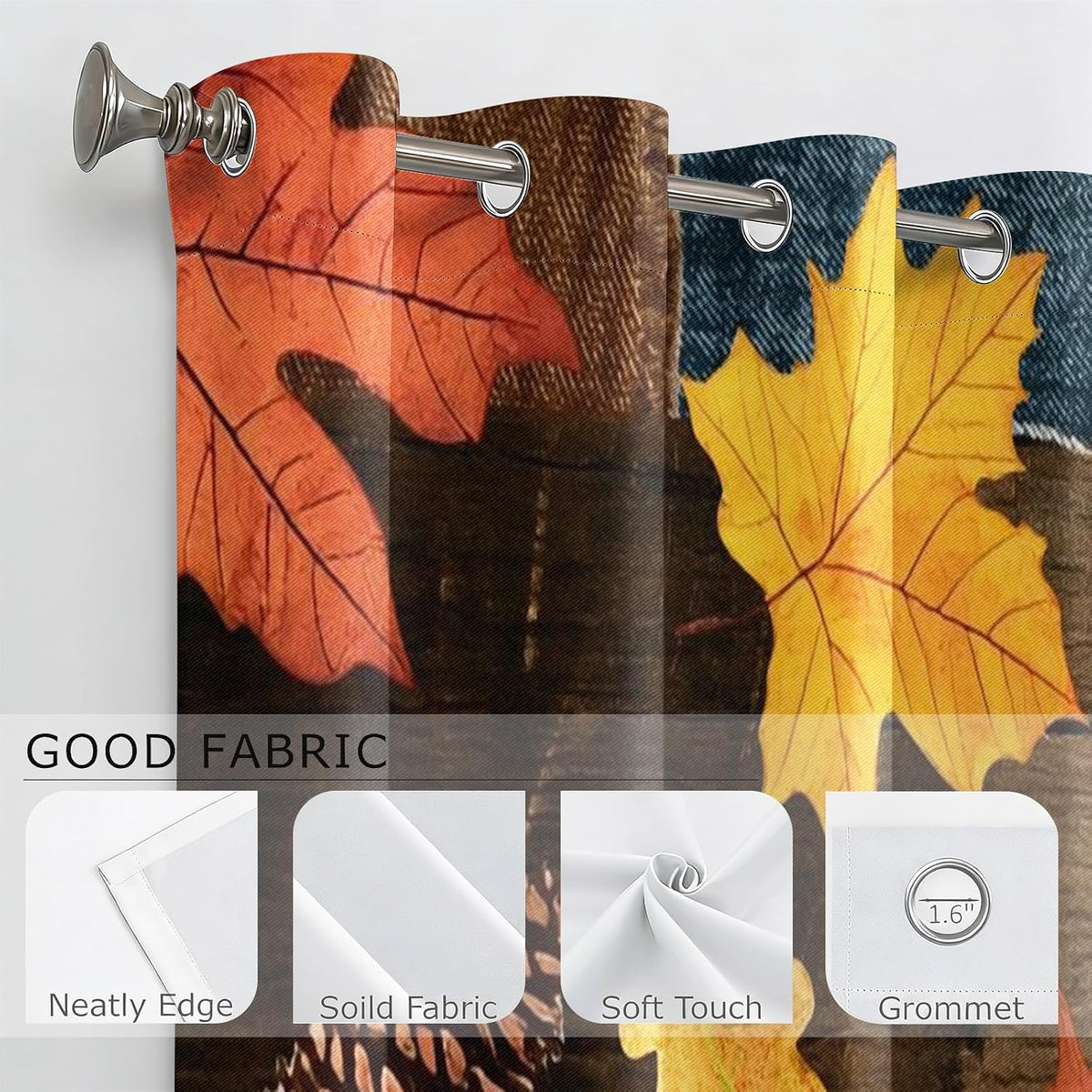 Rustic Fall Leaves Blackout Curtains 84 Inch Long 2 Panels, Autumn Maple Leaf Pinecone Thermal Insulated Grommet Drapes, Wood Burlap Texture Print Energy Saving Noise Reducing Curtains