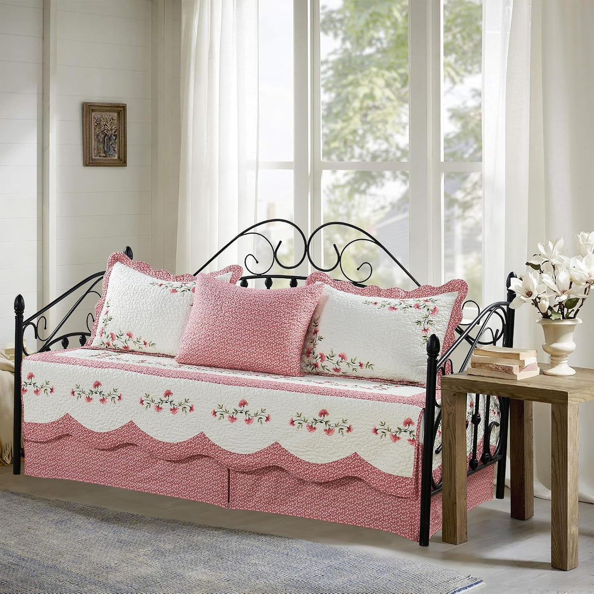 5-Piece Quilted Microfiber Daybed Cover Set with Floral Embroidery, All Season Luxurious Bedding with Matching Shams and Bed Skirt, 75"x39", Pink Flower