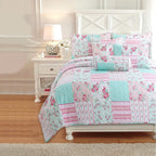 Cozy Line Home Fashions Bloom Floral Blue Rose Spring Reversible Quilt Bedding Set, Coverlet Bedspread Lightweight for All Seasons (Pink Garden, Queen - 6 Piece)