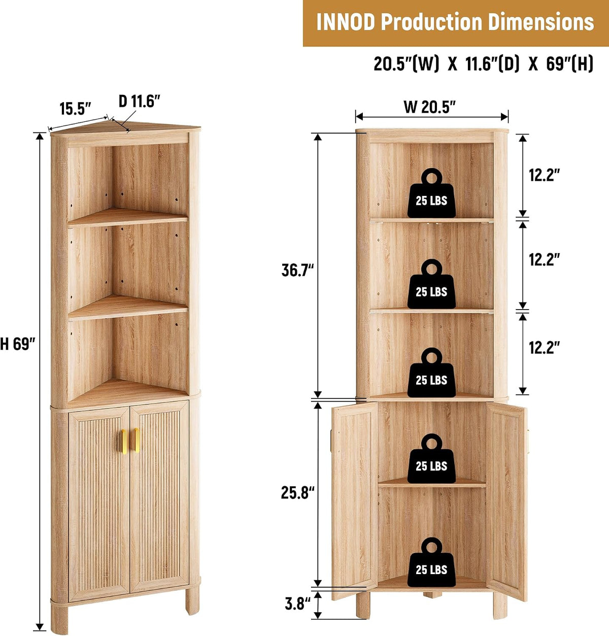 INNOD 69" Tall Corner Shelf with Doors, 6-Tier Corner Storage Cabinet with Doors, Space Saver Shelf for Bathroom, Bathroom Floor Cabinet for Living Room Kitchen, Hallway