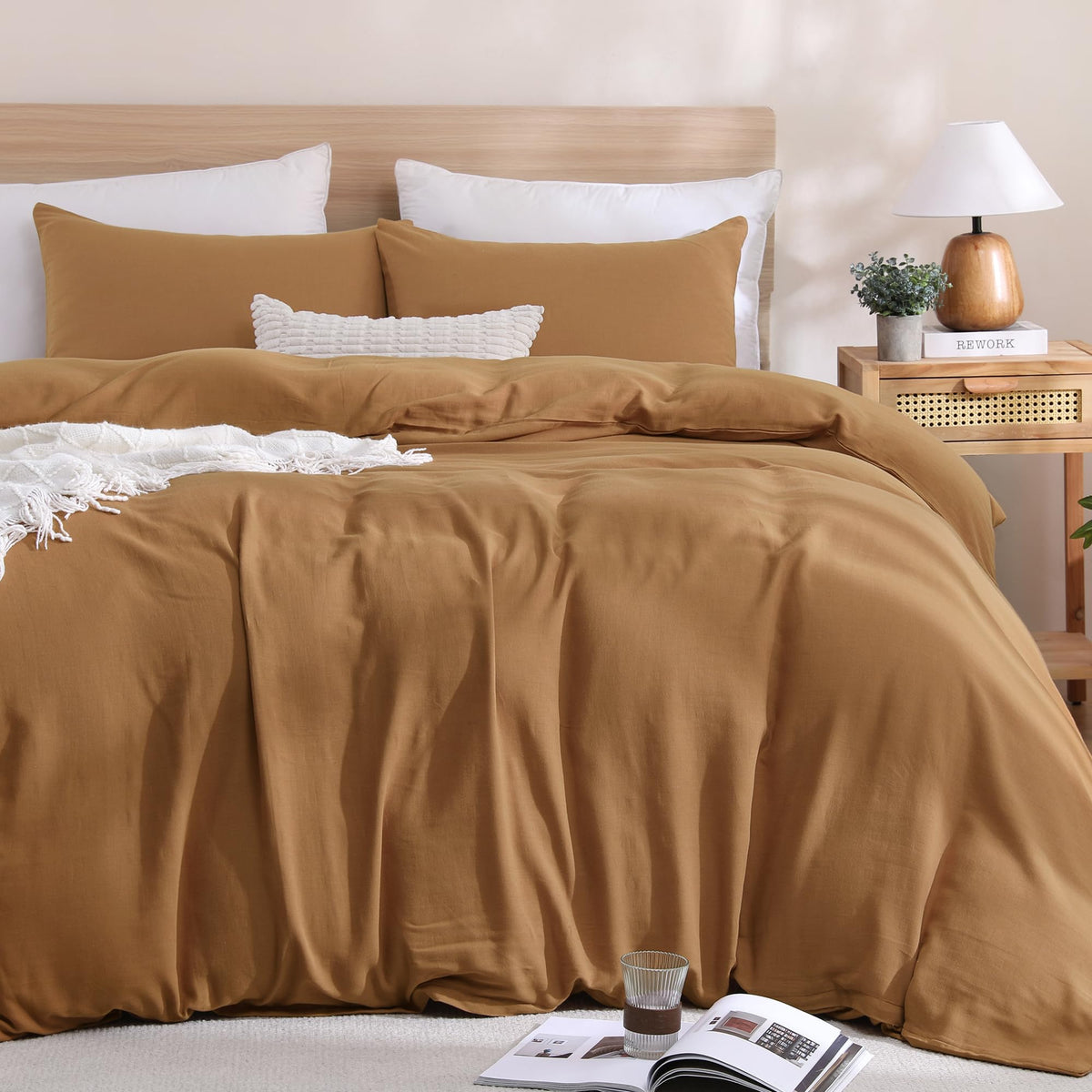 TOCOMOA Tan Gingham Duvet Cover Set Washed Cotton Like Linen, Cal King
