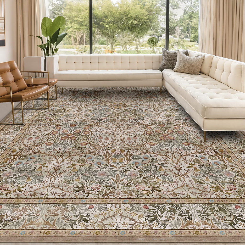 Floral Dark Green Washable Area Rugs 8x10, Vintage Living Room Rug