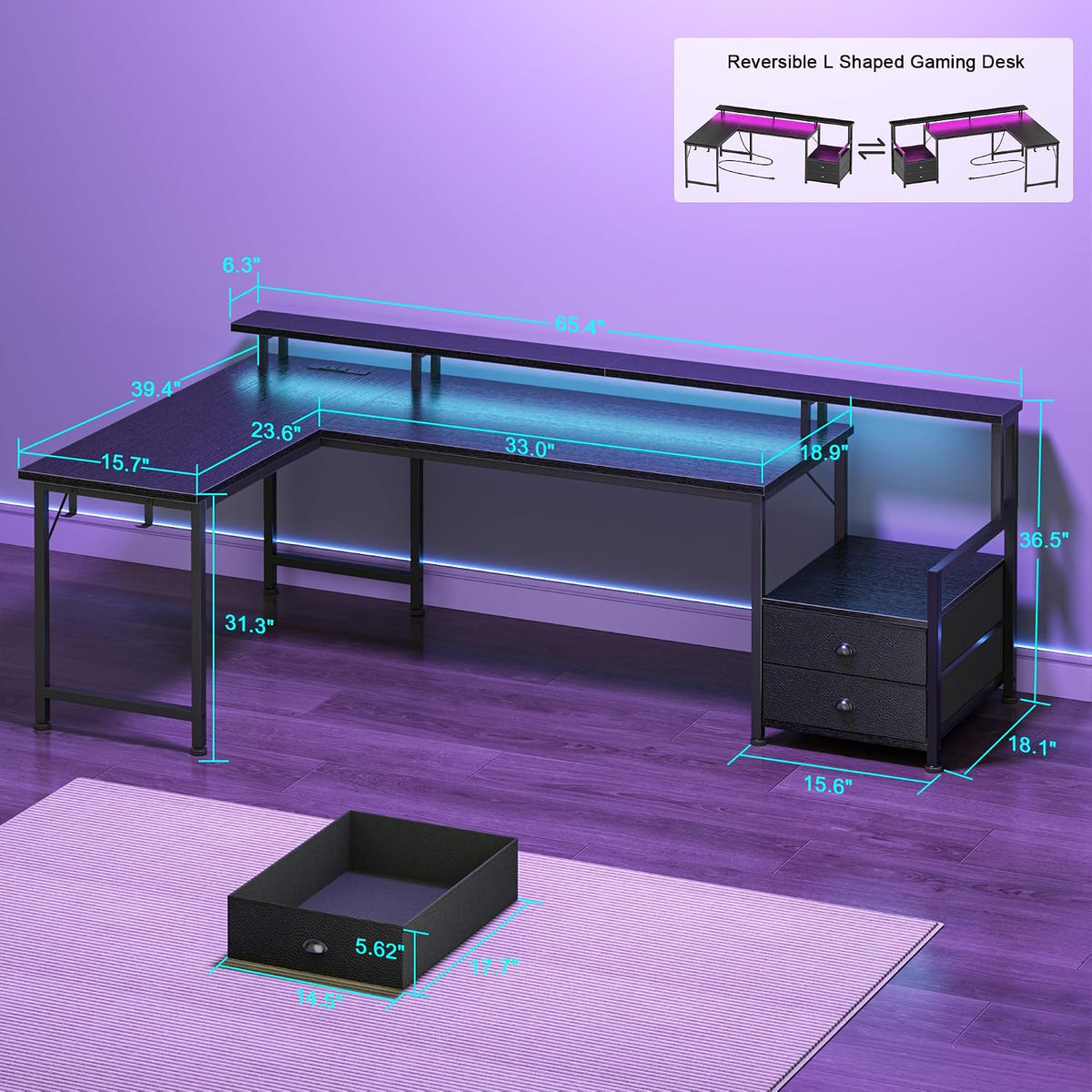 Korfile 66'' L Shaped Gaming Desk with Storage Drawers, Power Outlets, LED