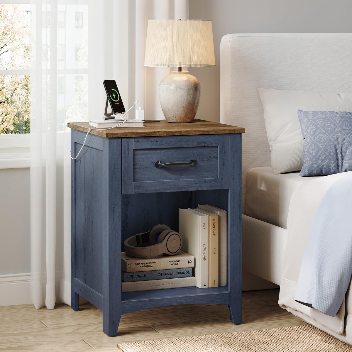 VASAGLE Farmhouse Nightstands with Charging Station, 1 Drawer, Set of 2