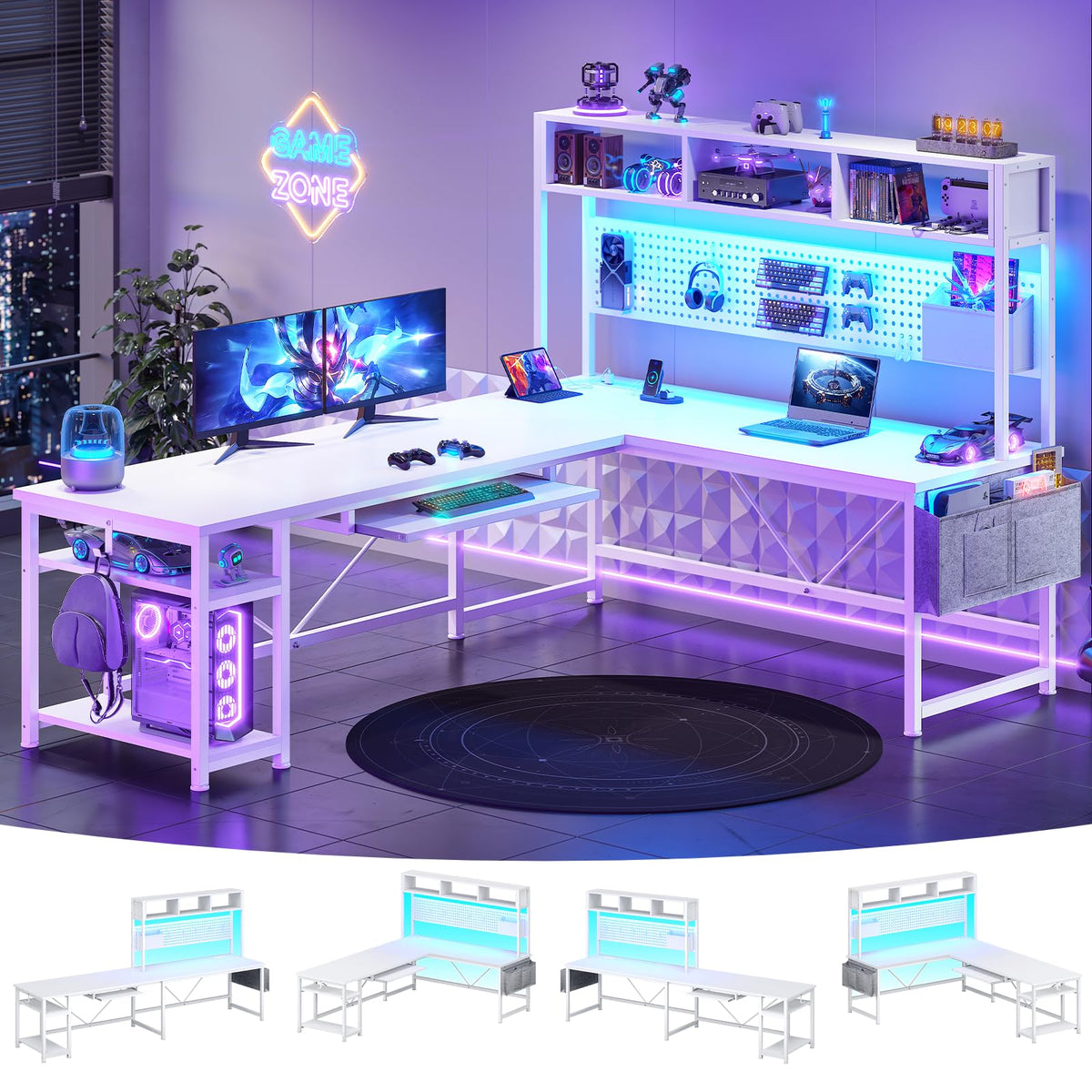 SEDETA 67" L Shaped Gaming Desk with Pegboard LED Lights and Power Outlet