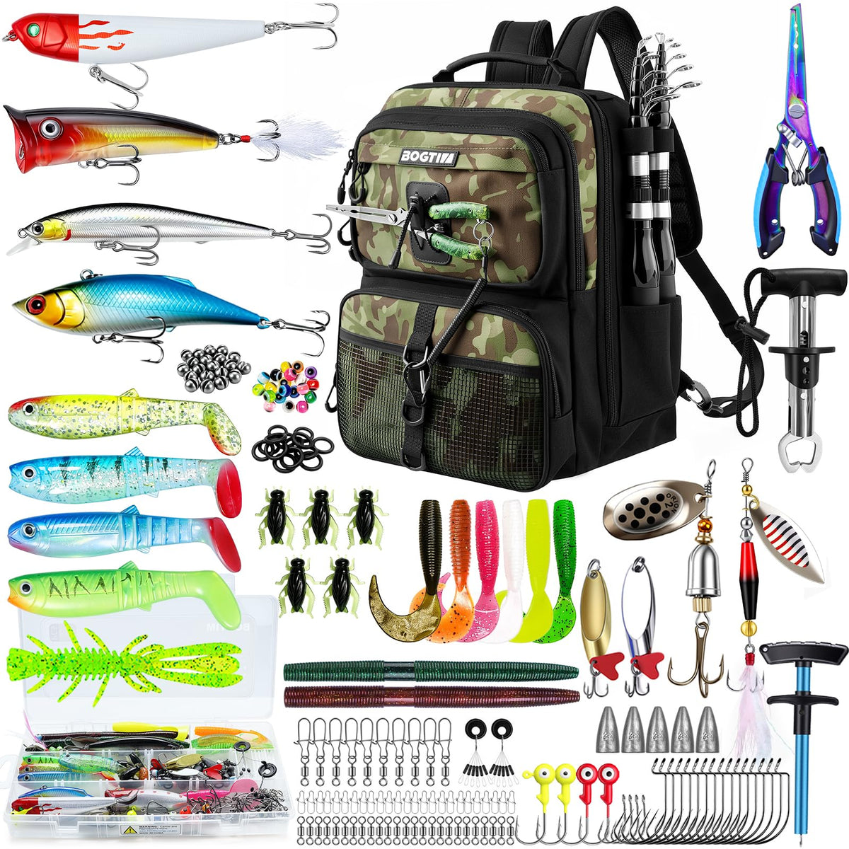 Fishing Backpack with Tackle Boxes and Lures Kit, Fish Gear, 2 Rod Holder