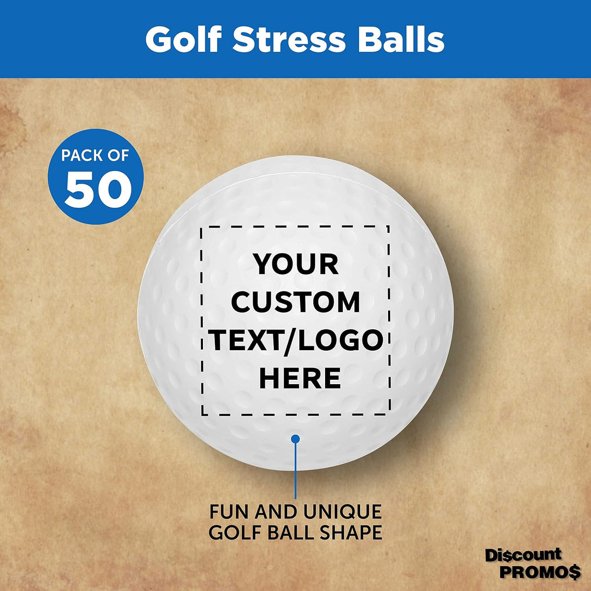 DISCOUNT PROMOS Custom Golf Shaped Squeeze Balls Set of 50, Personalized Bulk Pack - Perfect for Promotional Giveaways - White