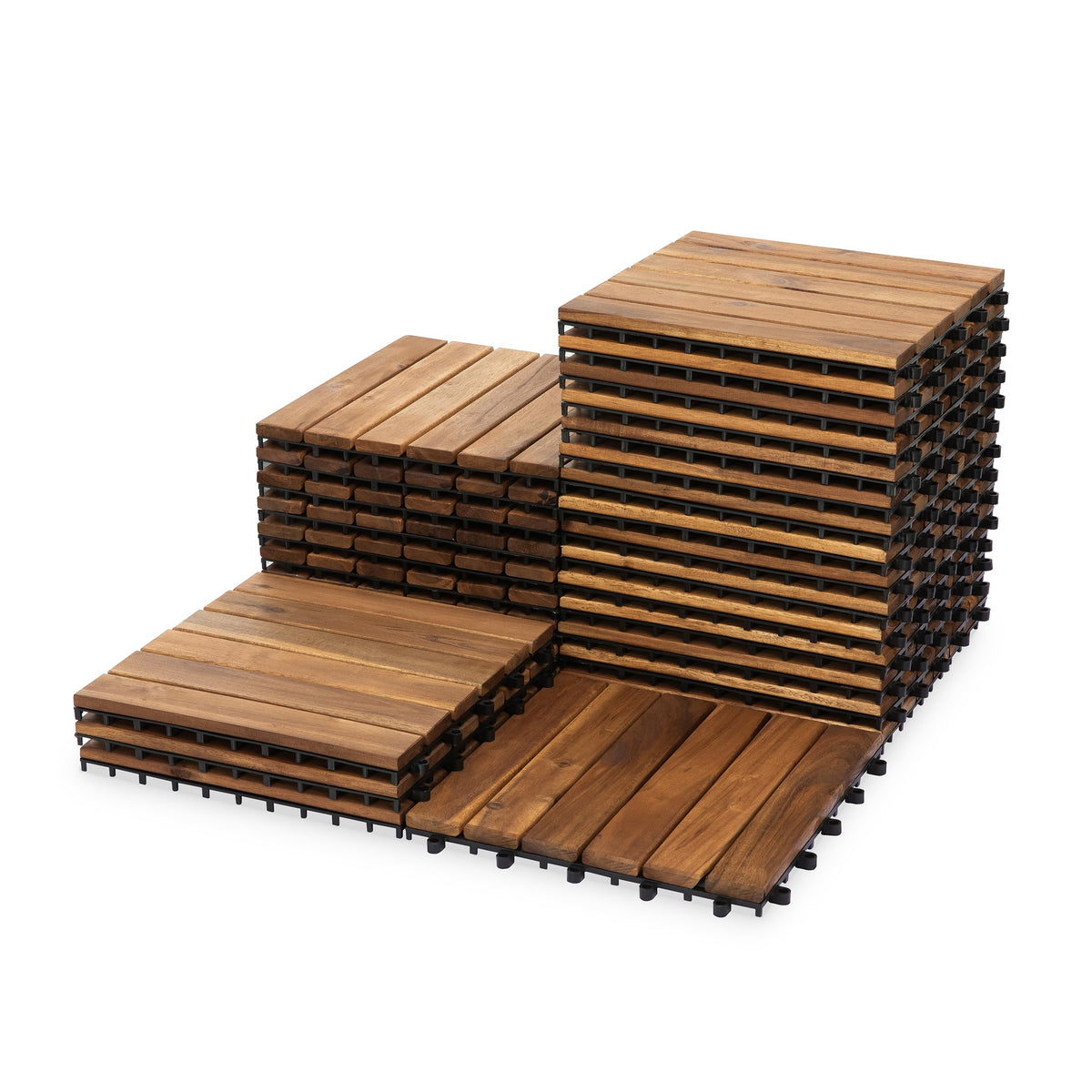 Acacia Interlocking Deck Tiles, 27 PCS Wood Flooring, 12 Slats, Walnut