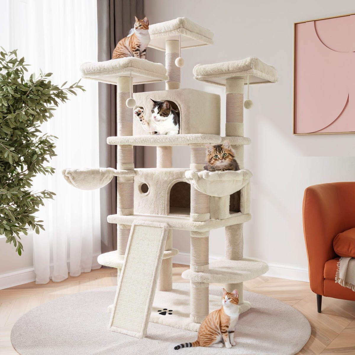 SHA CERLIN 68 Inches Multi-Level Large Cat Tree for Large Kitties/Big Cat Tower with Condo/Cozy Plush ‌Pussycat Perches/Sisal Scratching Posts and Hammocks/Activity Center/Leopard Print
