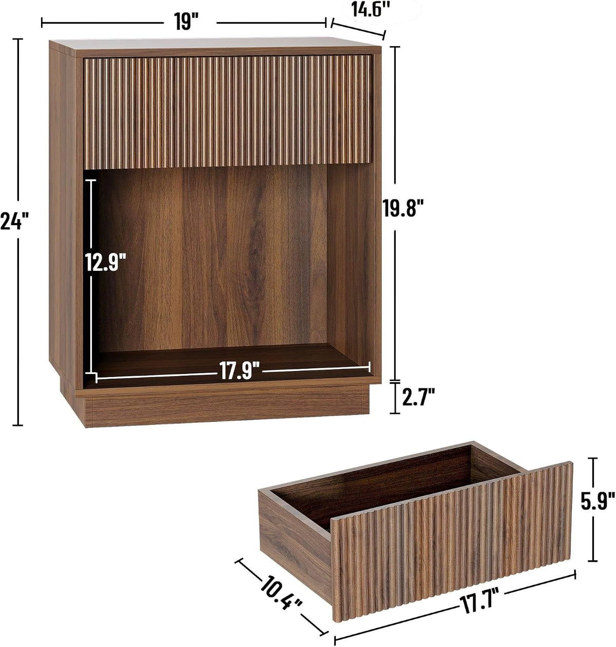 Fluted Nightstands Set of 2, Modern Bedside Table with Storage Drawer and Open Wood Shelf, Wood End Table Mid Century Night Stands for Bedroom Living Room Sofa Couch Office Walnut Brown