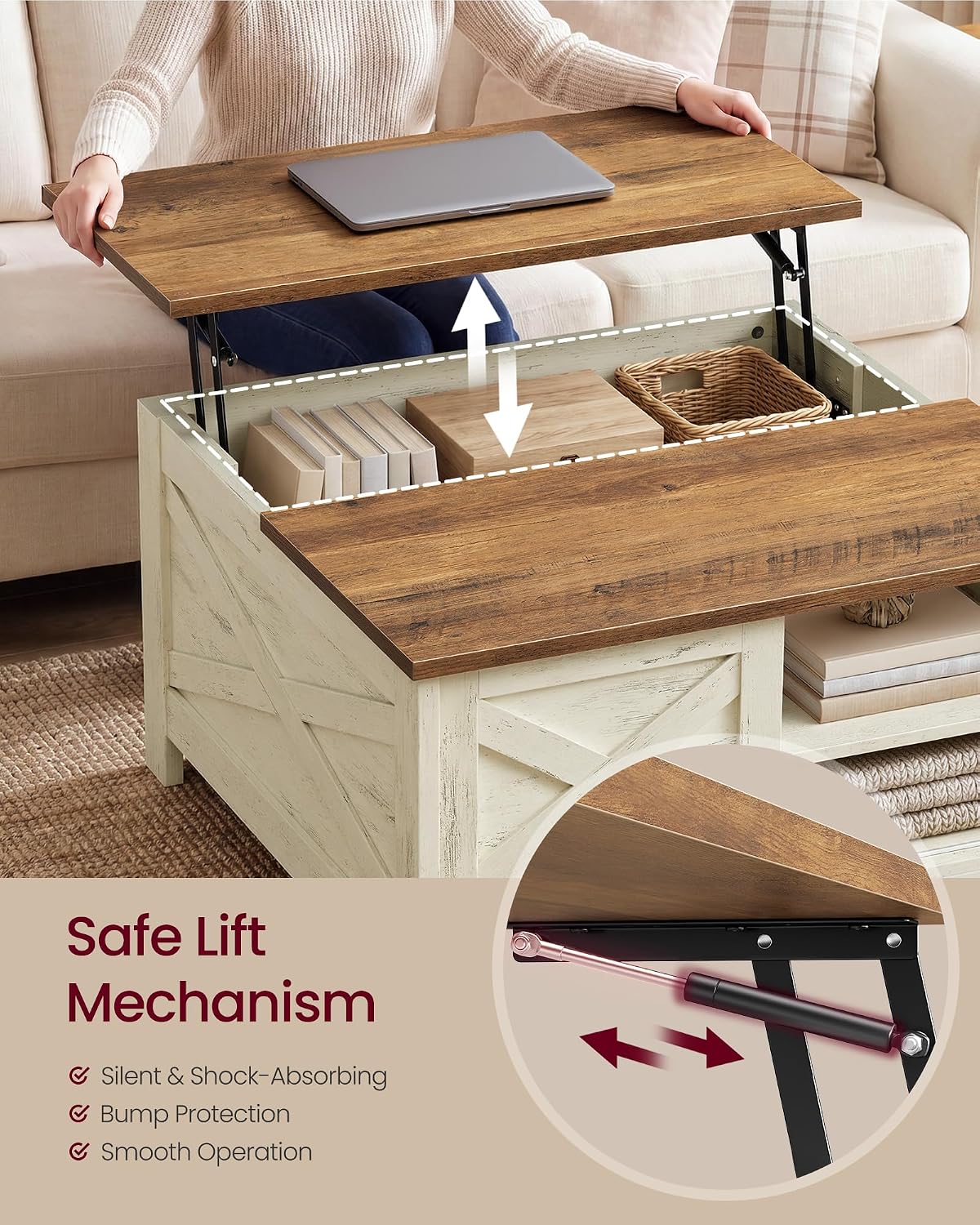 VASAGLE Farmhouse Coffee Table with Storage, Lift Top, Hidden Compartment
