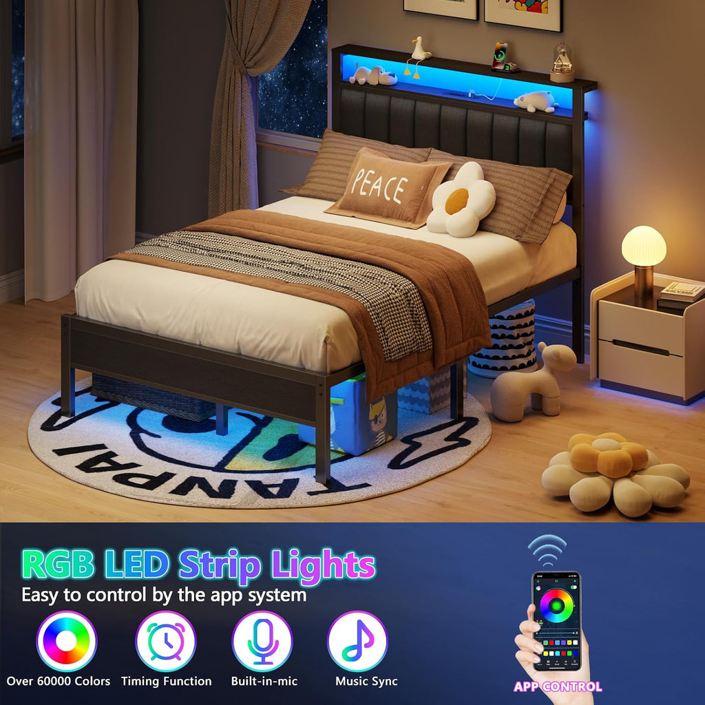 Furnulem Full Size Bed Frame with Charging Station and LED Lights