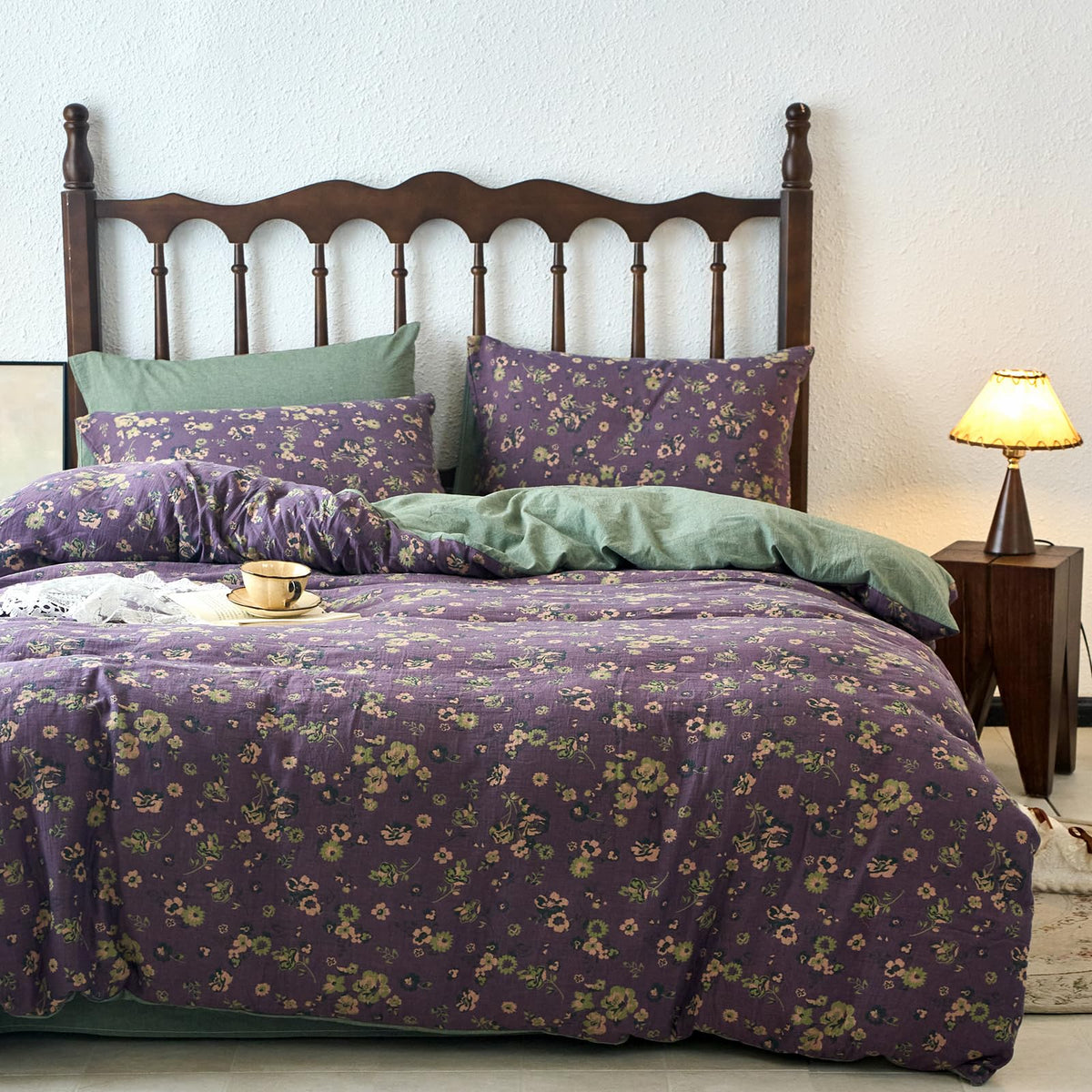 mixinni Garden Style Cotton Flowers and Birds Pattern Printed Duvet Cover Reversible Design Peacock Blue 3 Piece Bedding Duvet Set with Zipper Closure, Perfect for Him and Her-Queen Size