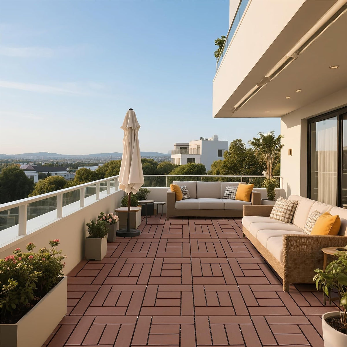 Deck Tiles for Outdoor, Plastic Outdoor Flooring Tiles, Kitchen Non Slip Polypropylene DIY Interlocking Flooring Tile Waterproof for Balcony and Patio, 44 Pcs, 12"x12" Square, All Weather Use, Brown