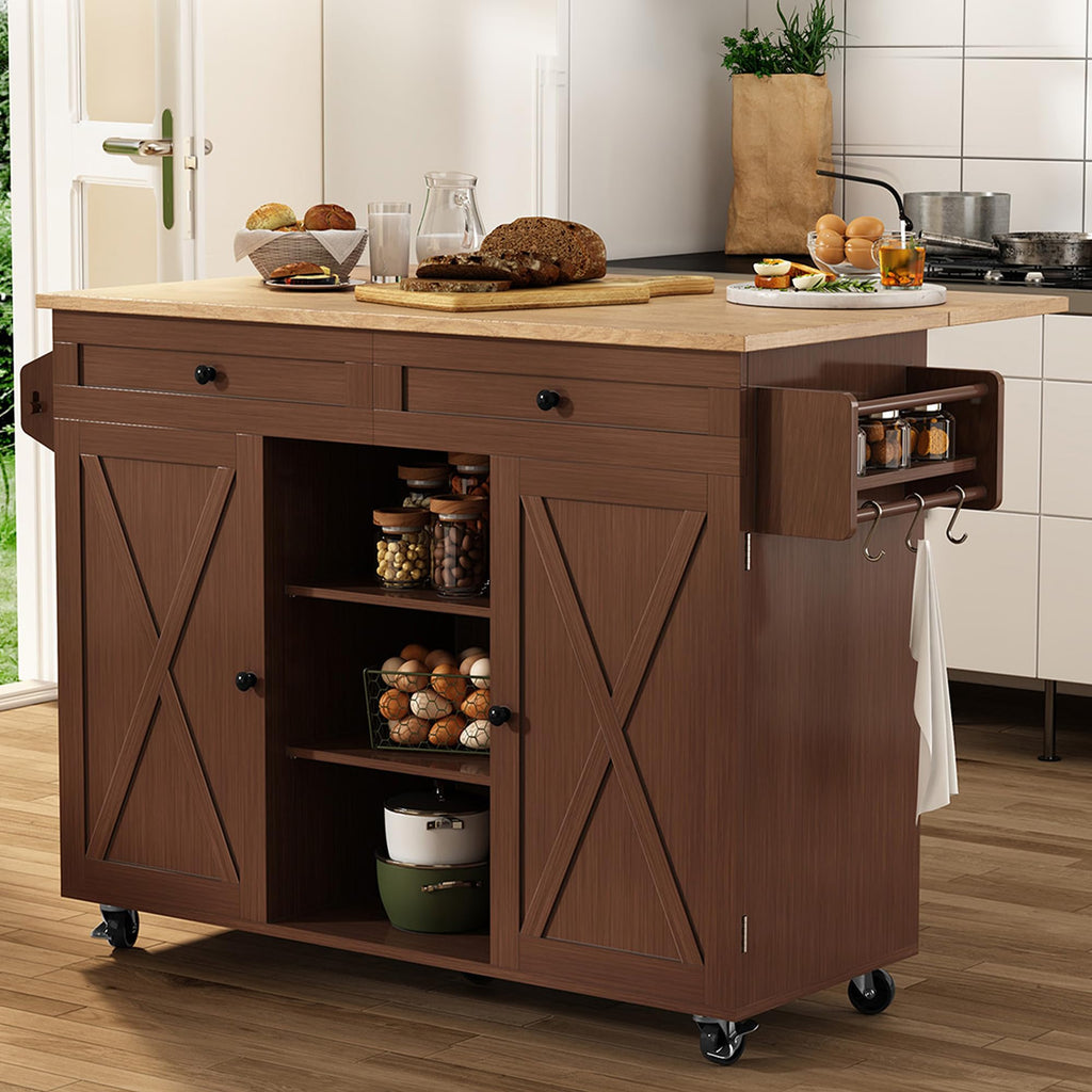 HLR Farmhouse Kitchen Island On Wheels, Teal Green