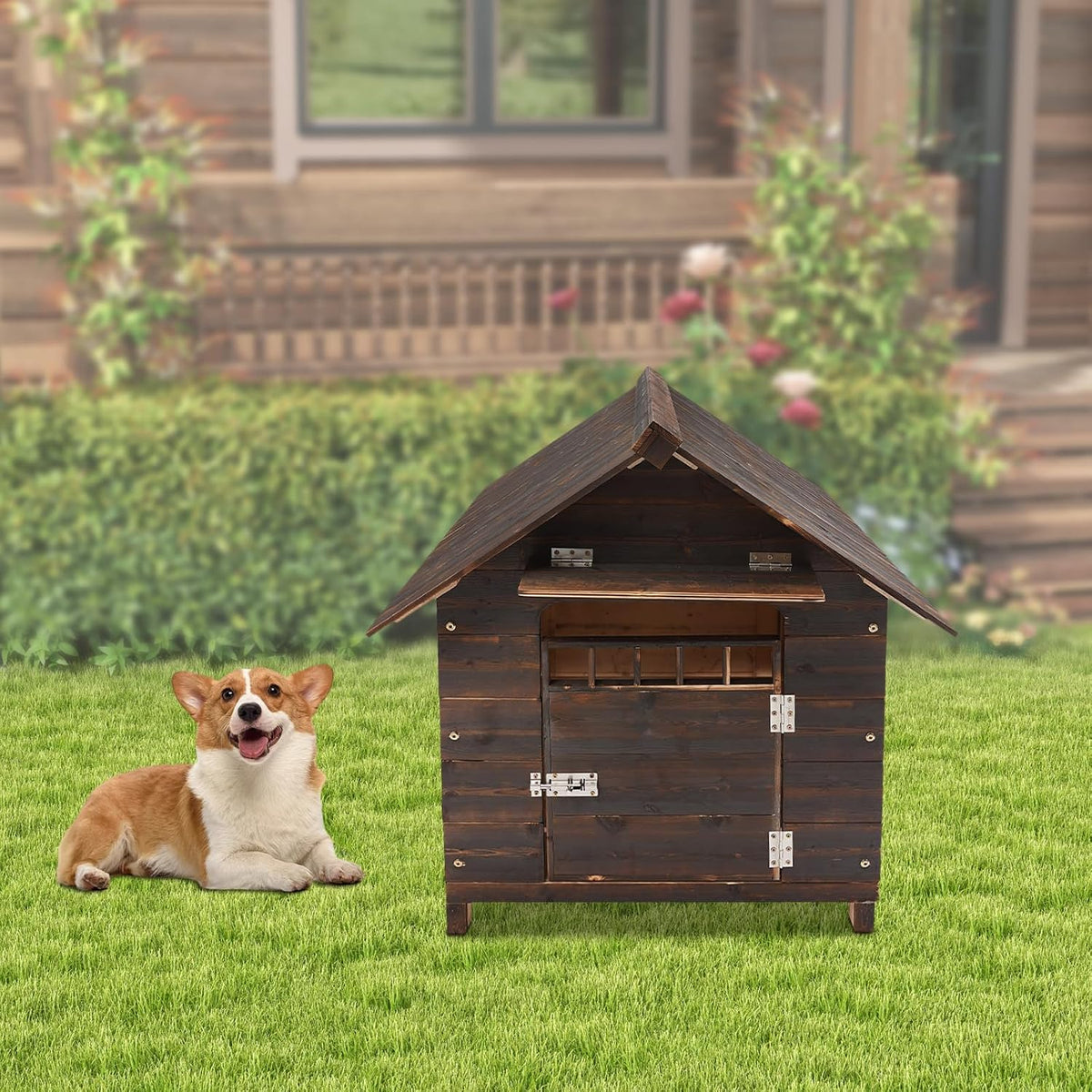 Wooden Dog House, Medium Dogs Outdoor & Indoor Dog House with Weatherproof Sealer, with Double Window for Beagle, Poodle, Cocker – 30.31 x 34.65 x 31.89 in