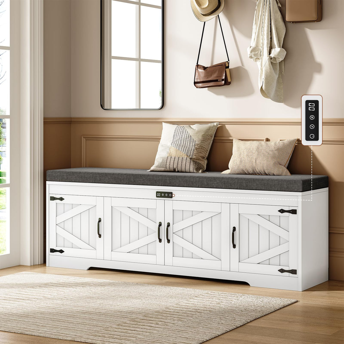 UPOSOJA Farmhouse Storage Bench with Flip Drawers & Padded Seat Cushion, Half Hidden Shoe Rack Organizer, Adjustable Shelf Shoe Cabinet for Entryway, Bedroom, Living Room (White, 57IN)
