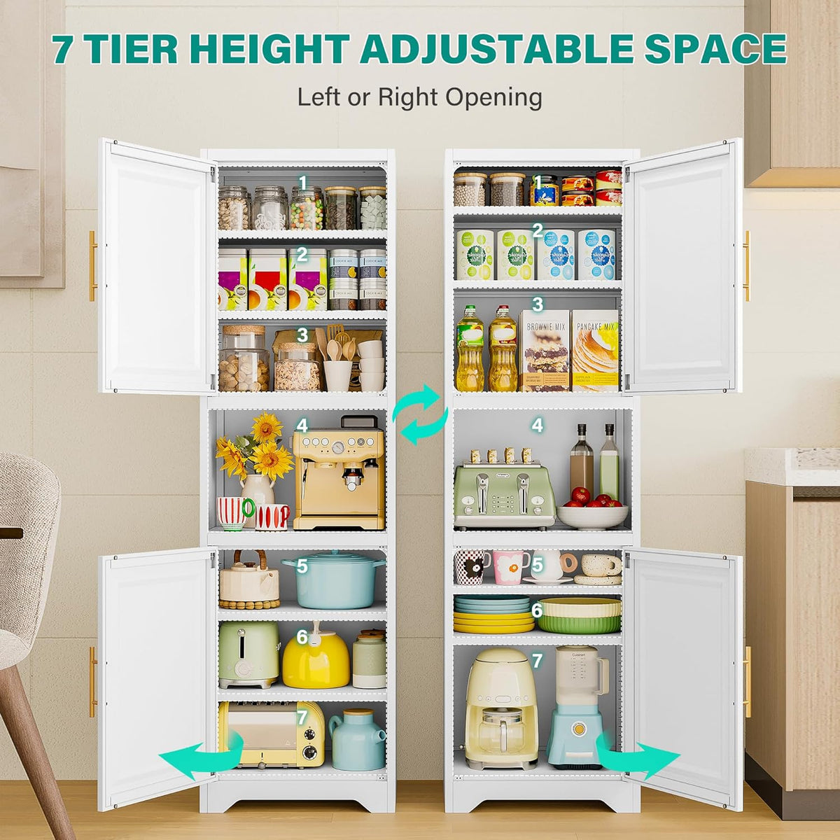 SISESOL 67" Tall Narrow Bathroom Storage Cabinet, 2 Door and 7 Shelves Slim Kitchen Pantry Cabinet, White Metal Bathroom Cabinets,Large Cupboard for Home,Kitchen,Laundry,Bathroom