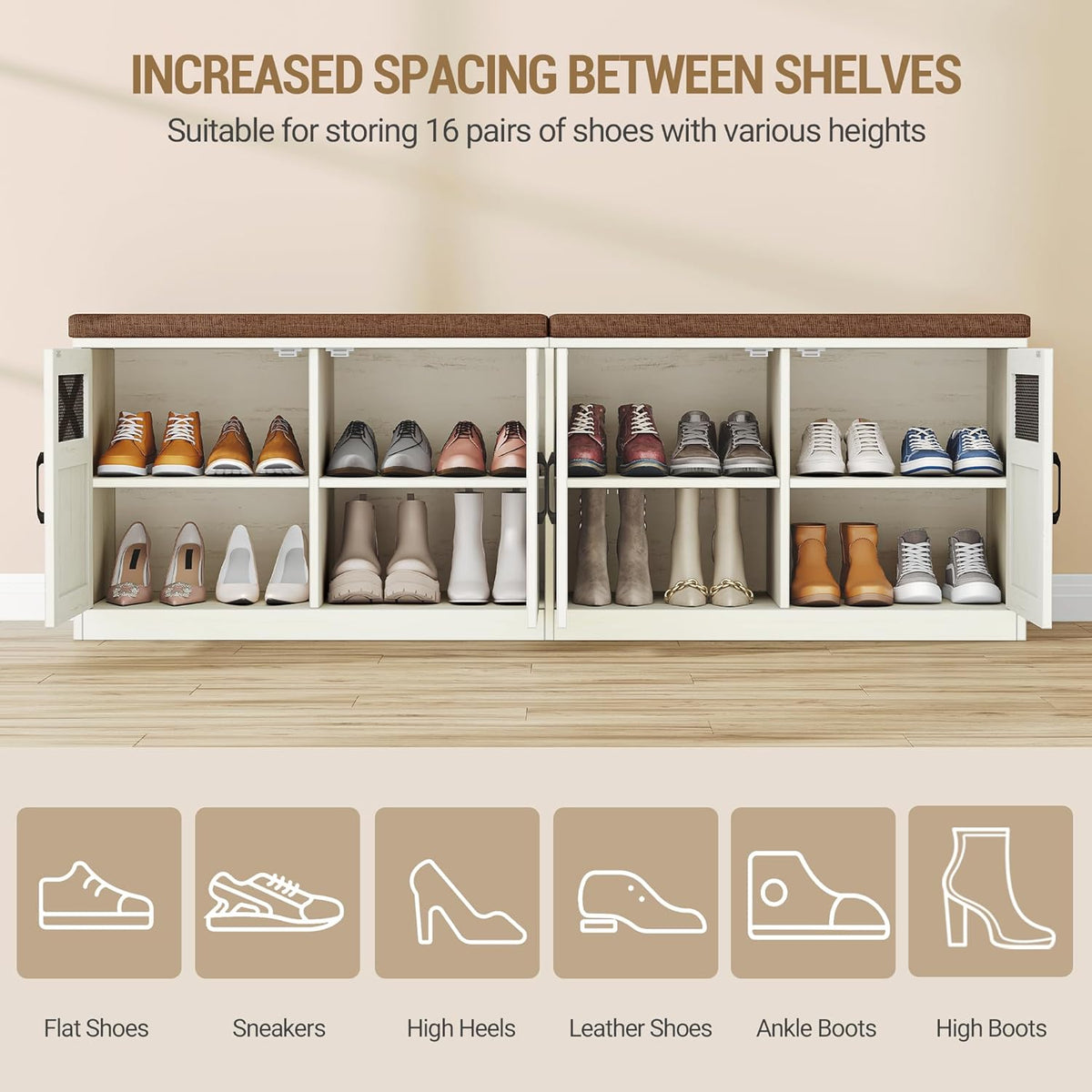 Hzuaneri 59" Shoe Storage Bench with 4 Barn Doors & Padded Seat Cushion