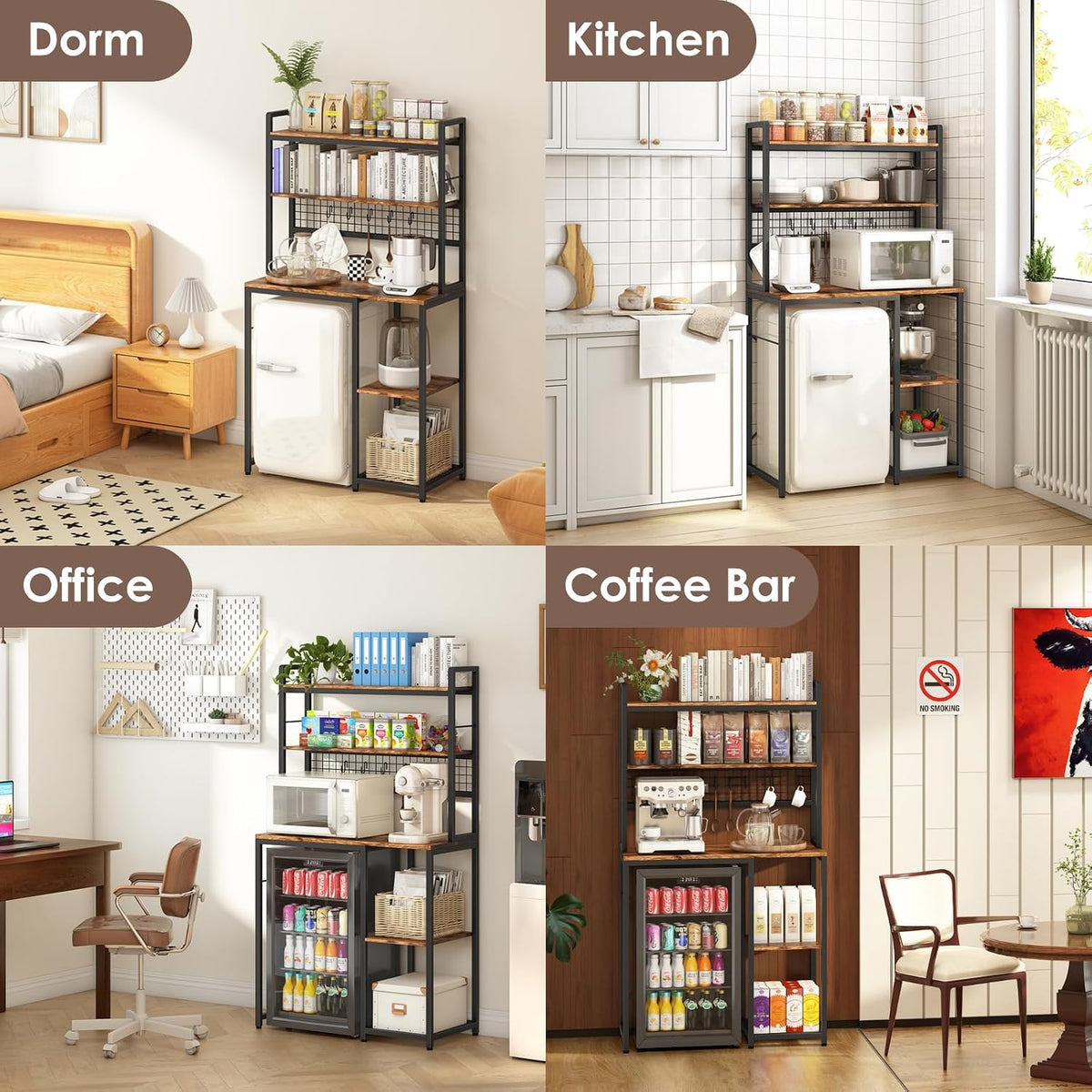 Multi-Functional Mini Fridge Stand, Mini Fridge and Microwave Storage Shelves with Power Outlet, Large Bakers Rack and Storage for Kitchen Appliances, Perfect for Dorm Kitchen Coffee Bar