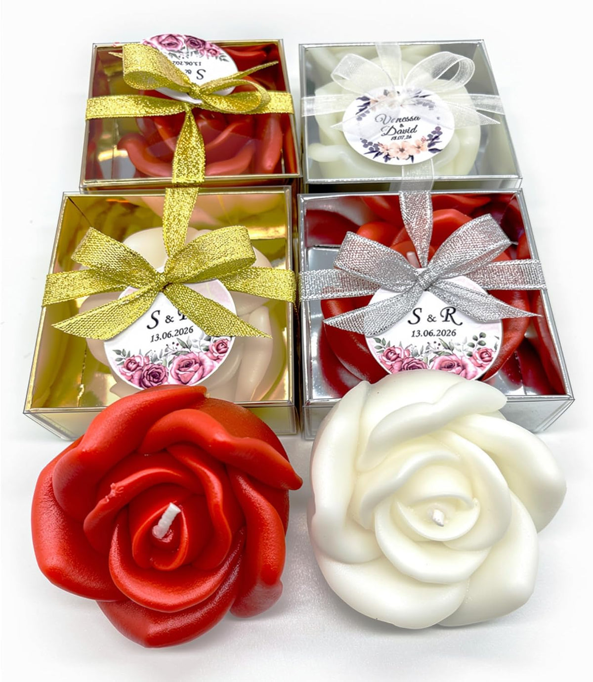 White Red Rose Shaped Scented Candle Favors with Scented, favors Bridal and Baby Showers, Birthday Parties, Wedding Decorations (White, set of 150)
