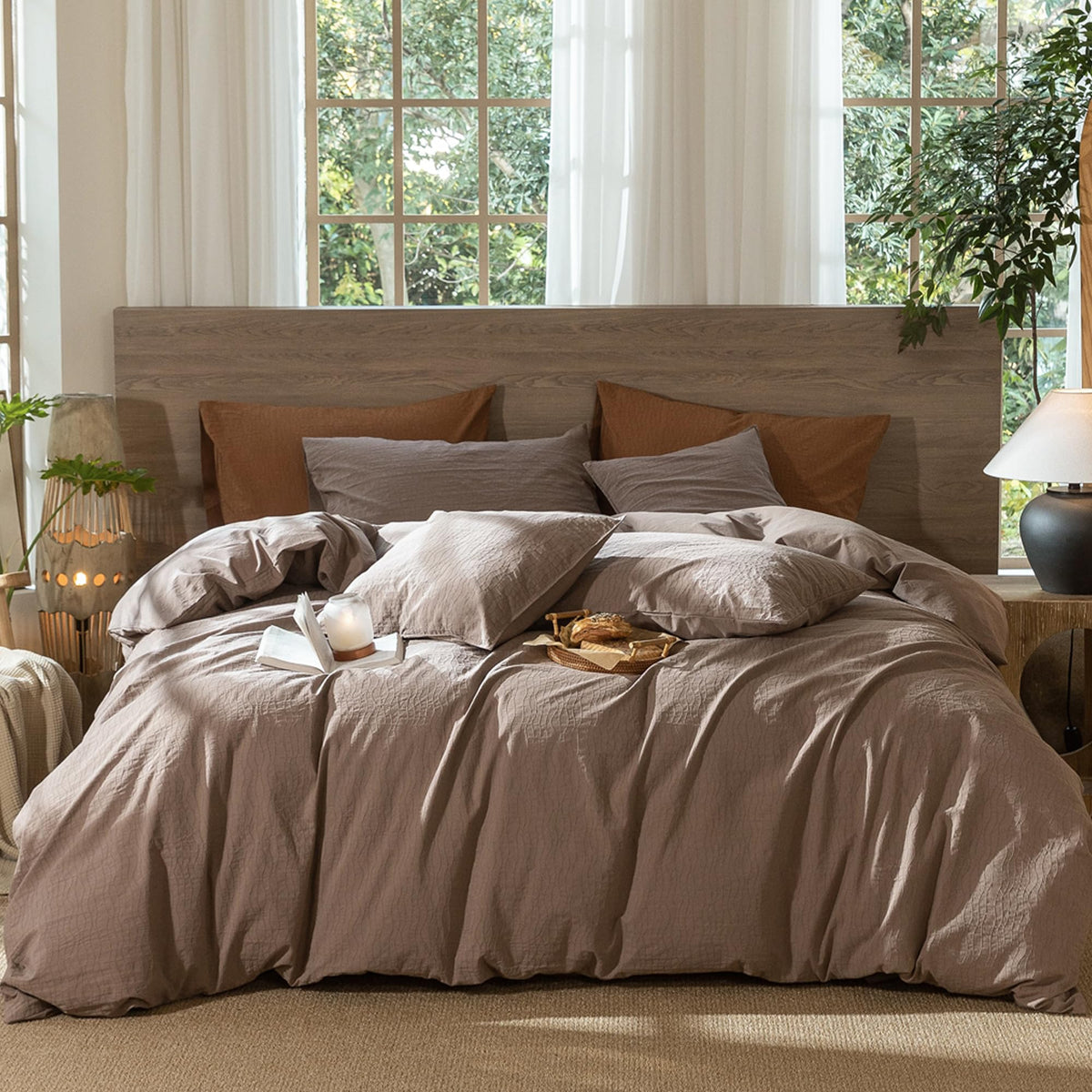 MooMee Striped Duvet Cover Set 100% Washed Cotton Linen Like Queen