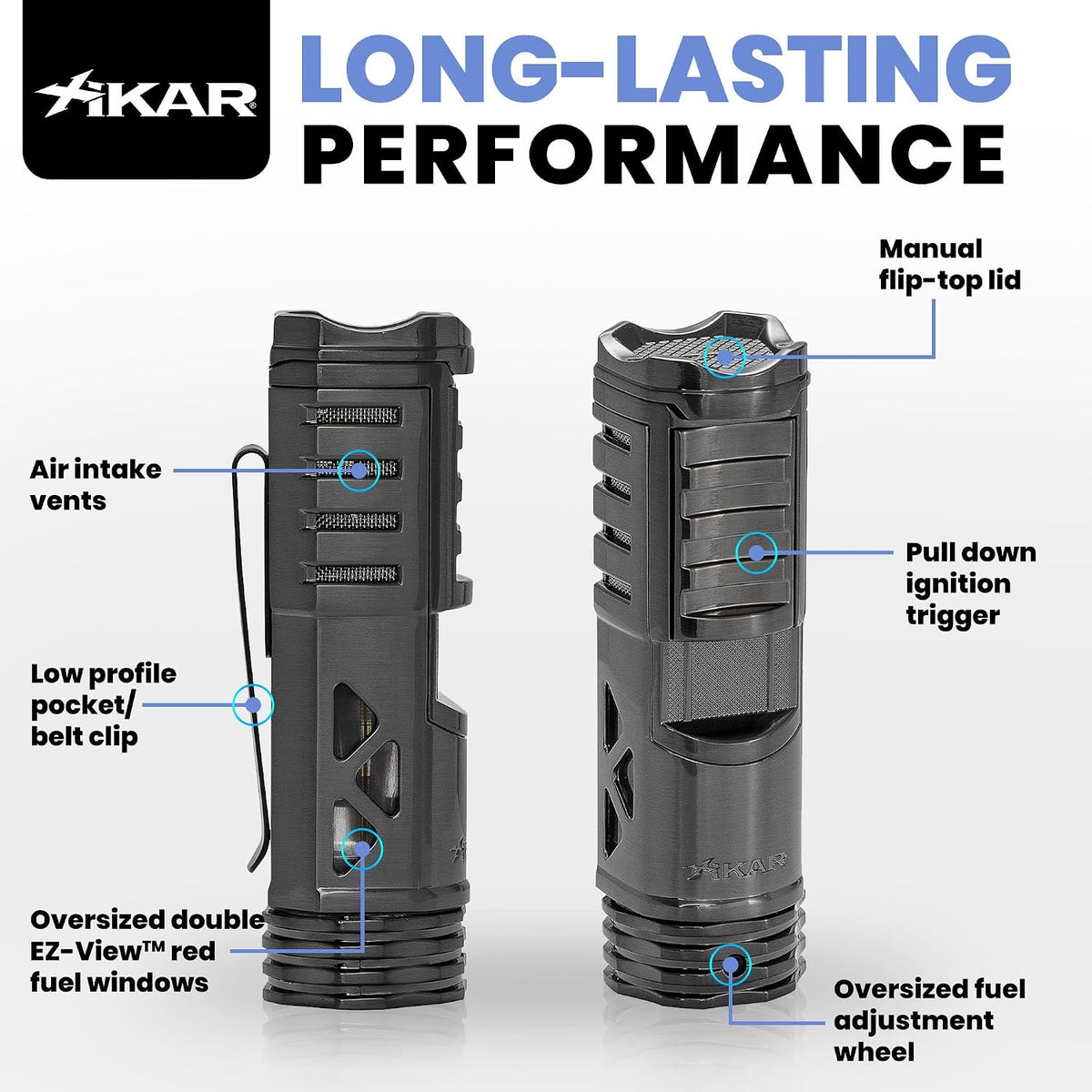 XIKAR Tactical Single-Jet Lighter, Gunmetal - Powerful Flame, Rugged Design with Rest Feature, Pocket Clip, EZ-View Fuel Window, and Adjustable Flame Height - Ideal for Outdoor Use