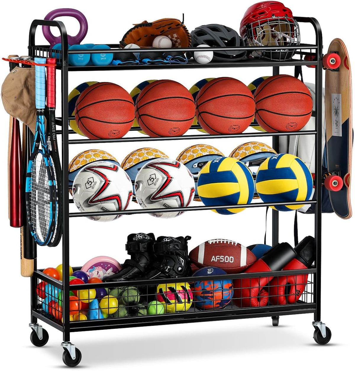 EXTCCT Garage Sports Equipment Organizer - Rolling Ball Storage with Wheels