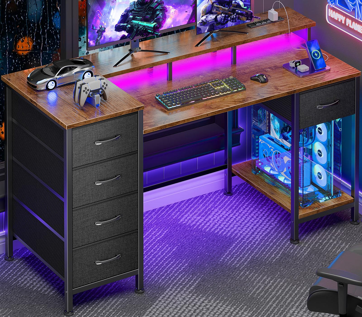 Korfile 47 Inch Gaming Computer Desk with Power Outlets,LED,5 Drawers,Black
