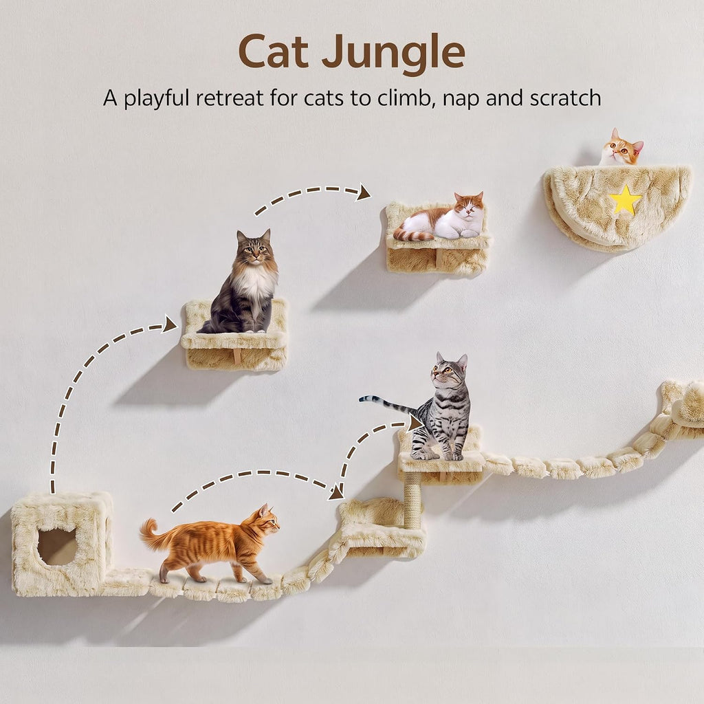 13-in-1 Cat Wall Shelves, Moon & Bridge Cat Wall Furniture, Beige