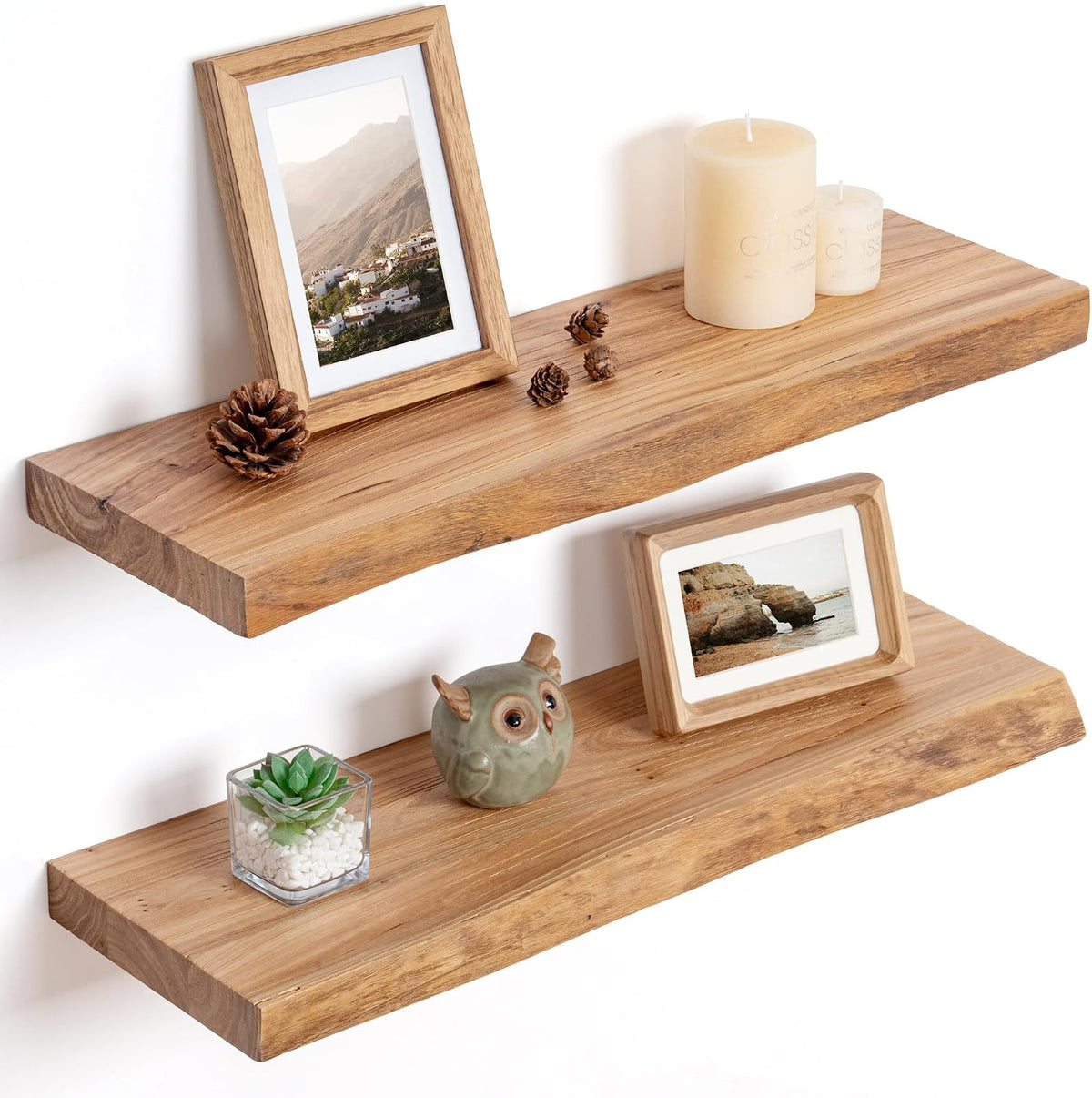 Floating Shelves for Wall, Solid Elm Wood Shelves, 24in Set of 2, Natural