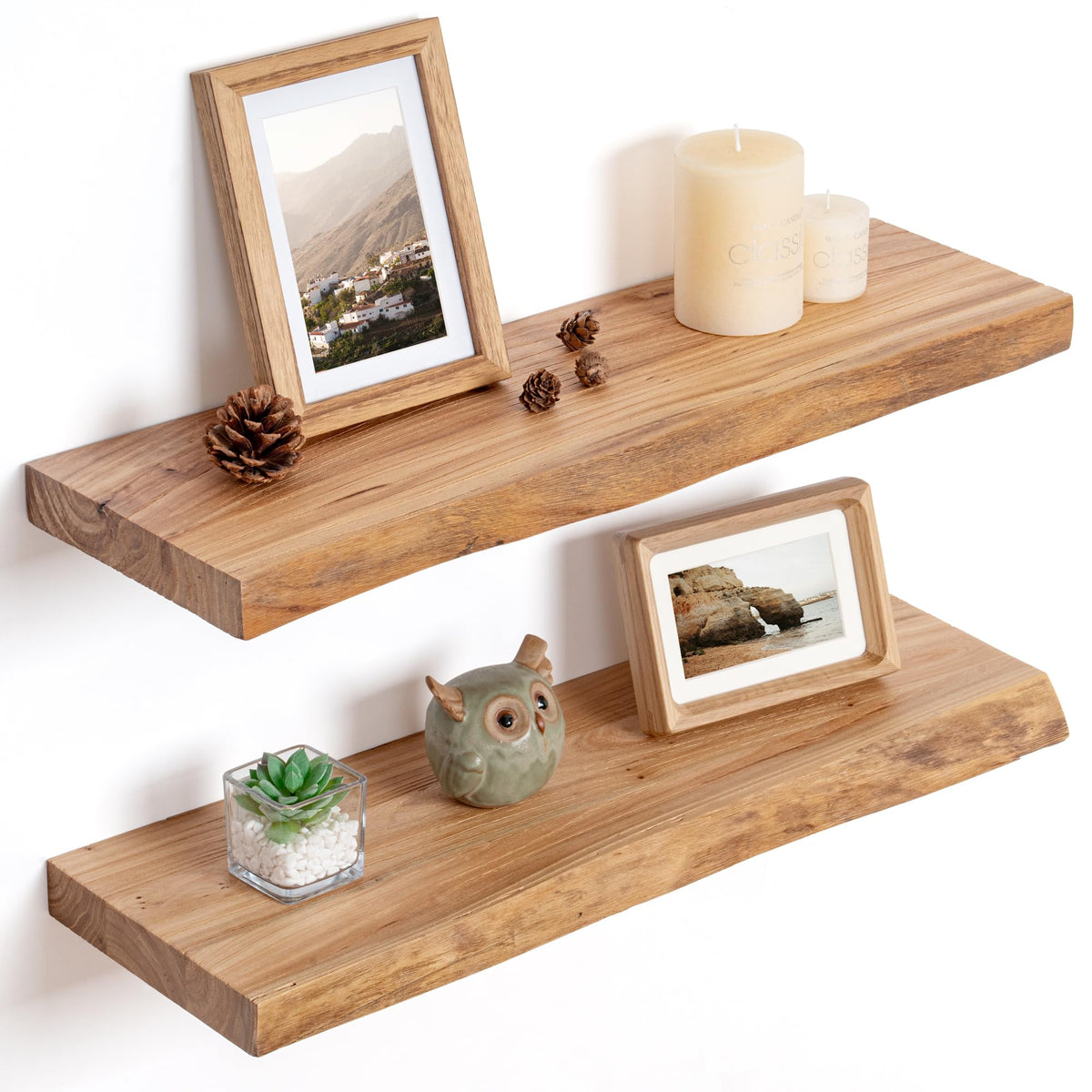 Floating Shelves for Wall, Solid Elm Wood Shelves, 24in Set of 2, Natural