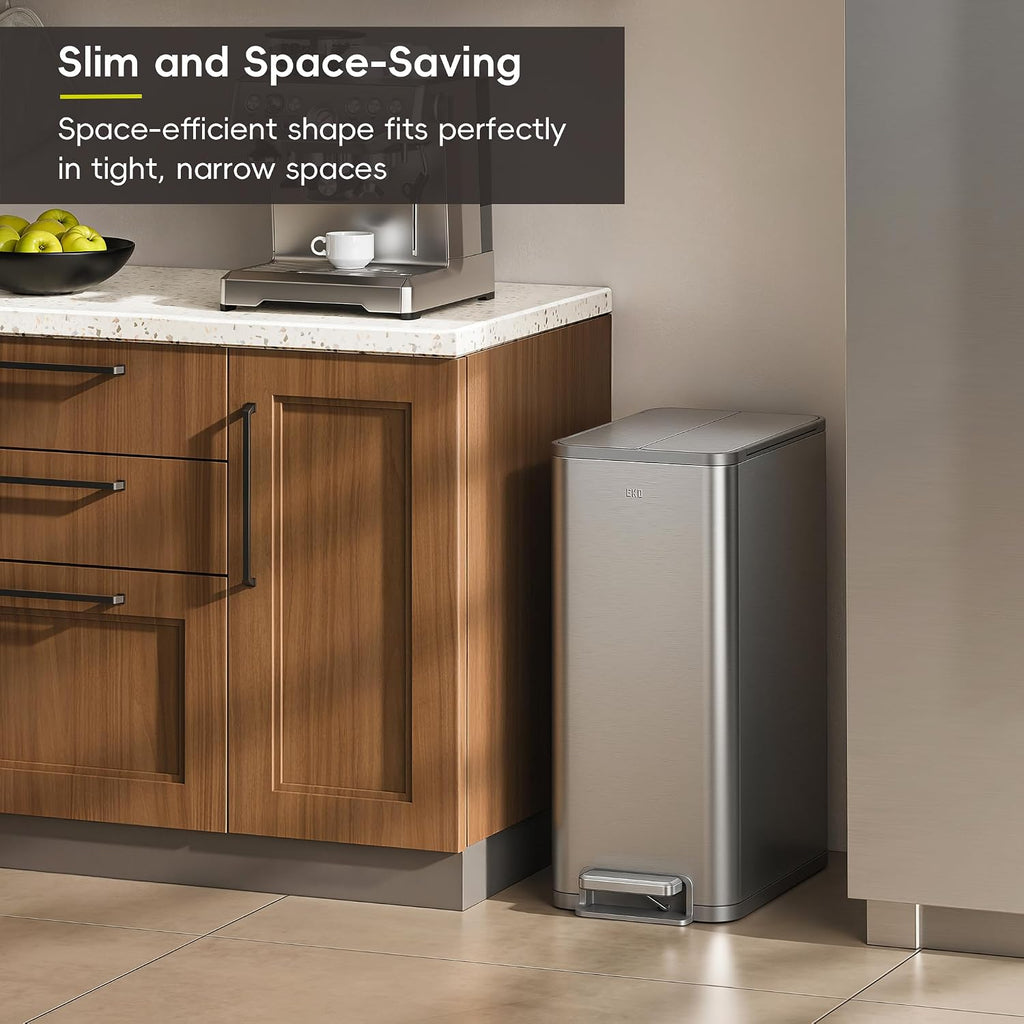 EKO X-Wing 50L / 13.2 Gallon Slim Step Trash Can, Stainless Steel Kitchen Garbage Bin with Dual Wing Lid, Soft Close, Removable Inner Bucket for Kitchen or Home