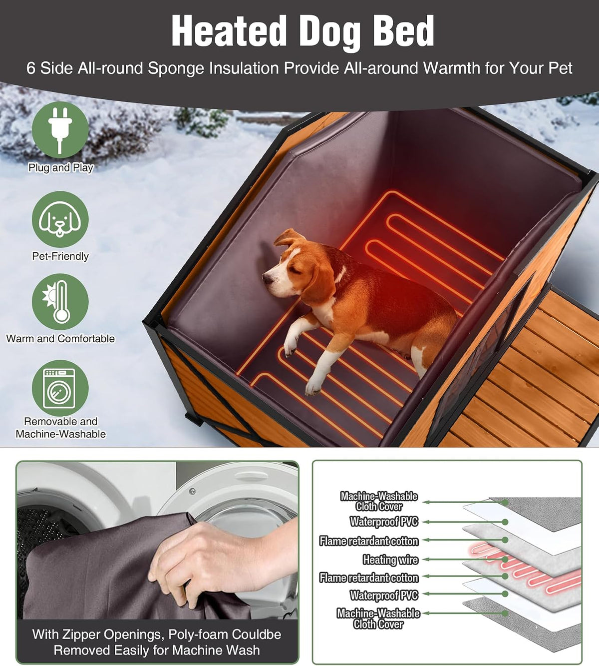 Heated Dog House, Outdoor Dog House Insulated for Winter with Heating Pad, Weatherproof Wooden Dog Kennel with Porch, Iron Frame, Asphalt Roof & Removable Floor