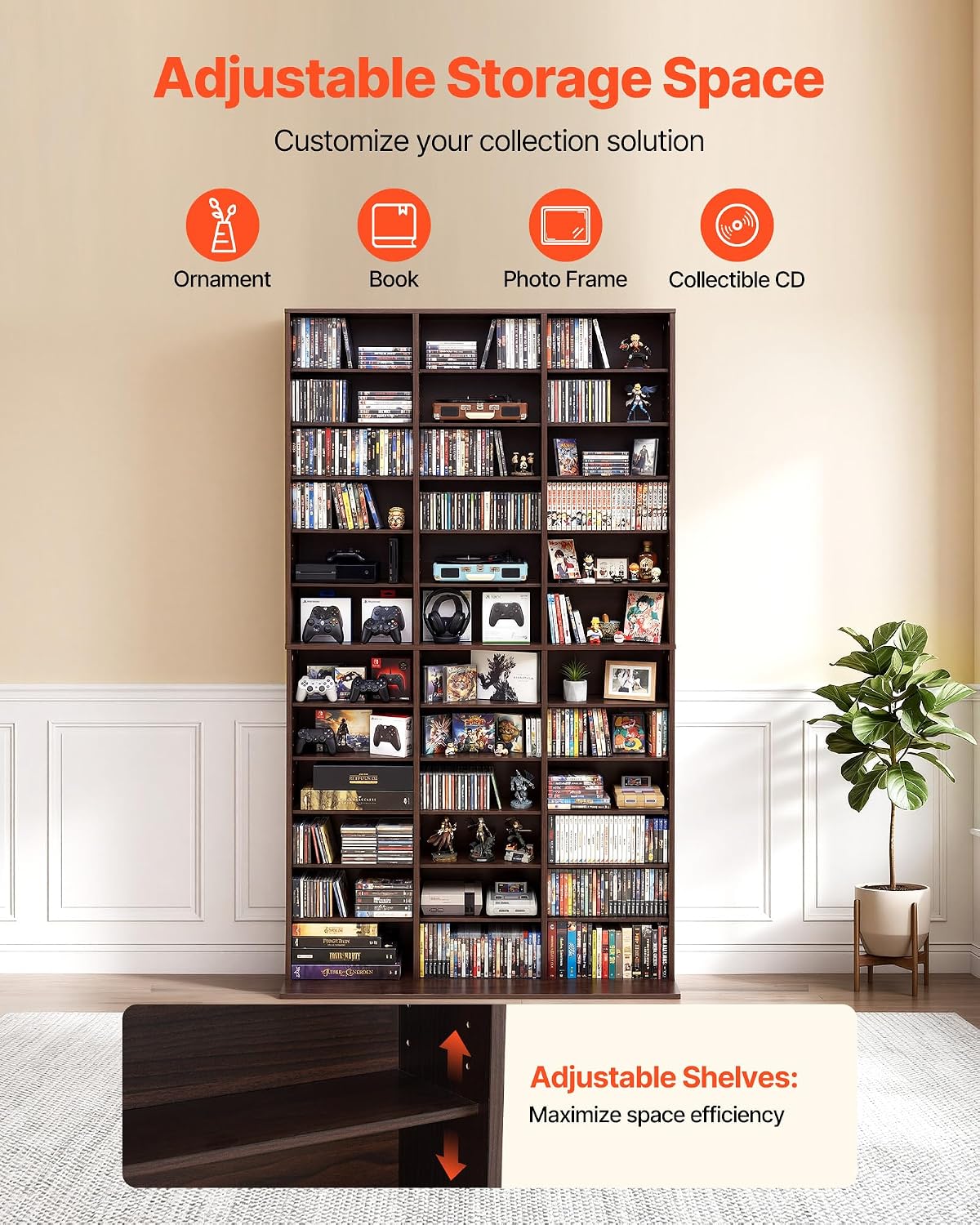VEVOR Media Storage Cabinet, 12-Tier DVD Shelf Organizer, 40.08 x 9.09 x 71.26 in Multimedia Storage Organizer for CDs, DVDs, Books and Games, CD Shelf for Living Room, Home Office, Recording Room