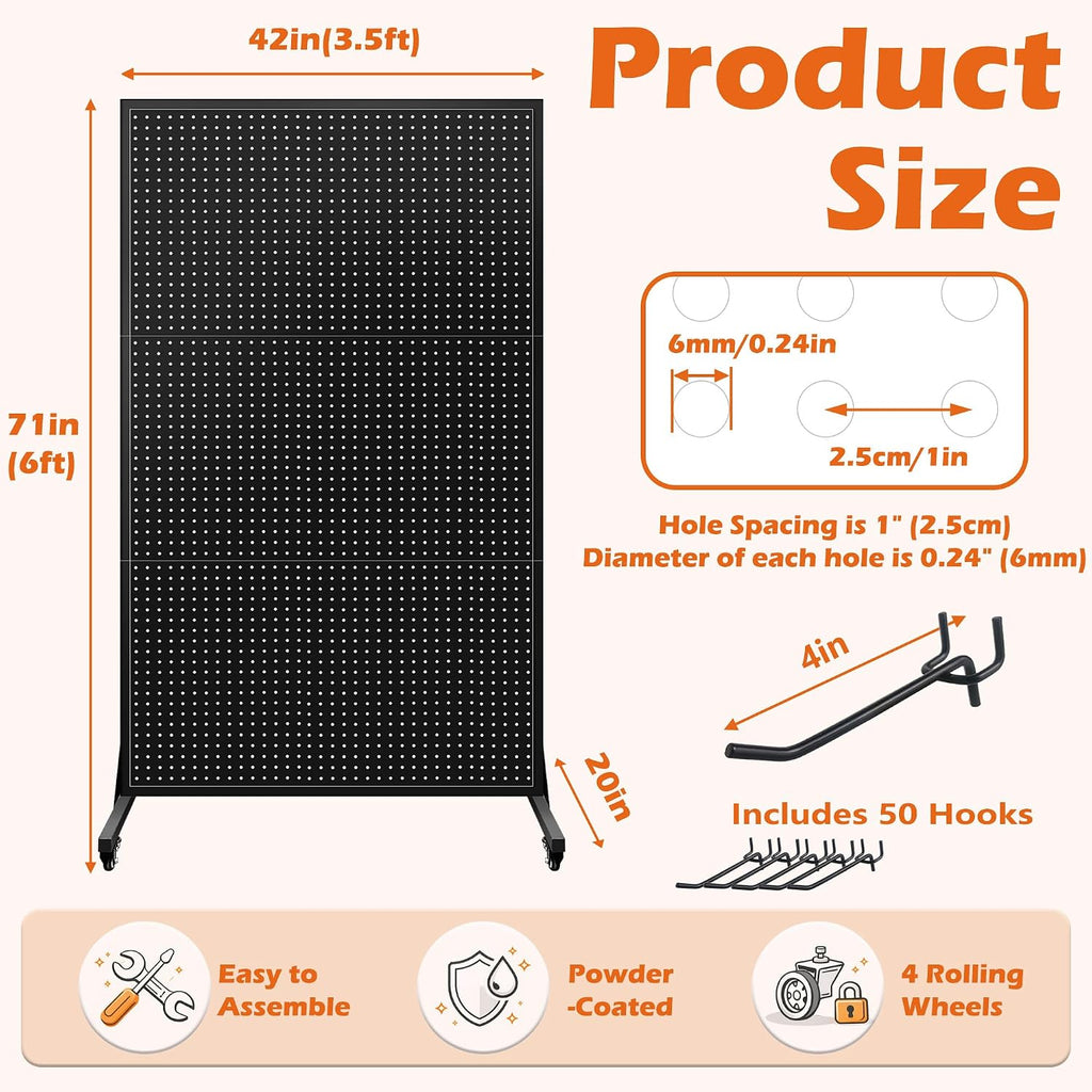 Royxen 3.5 x 6 Feet Metal Pegboard with 50 Hooks, Peg Board Display Stand with Wheels, Large Standing Pegboard Displaywith T-Base Art Display Stand for Retail Stores Exhibitions Homes (Black)