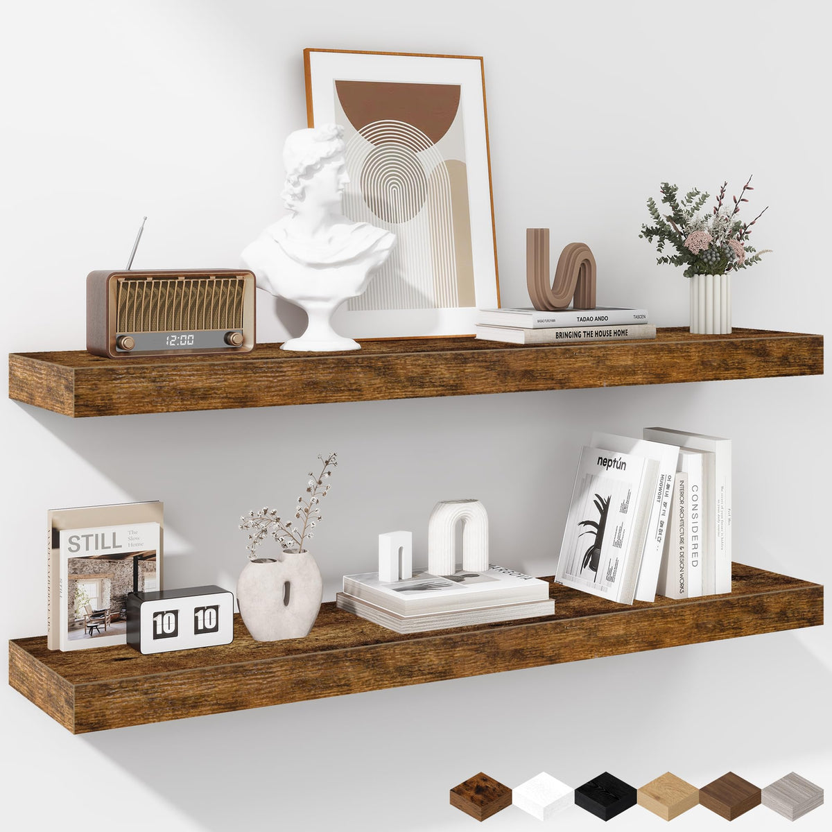 Fun Memories Floating Shelves - 2 Pack 12 Inch Rustic Wooden Wall Shelves - Extra Deeper & Thicker Wall Mounted Storage Shelf for Living Room, Kitchen, Farmhouse - 36" W x 12" D x 1.8" H - Brown